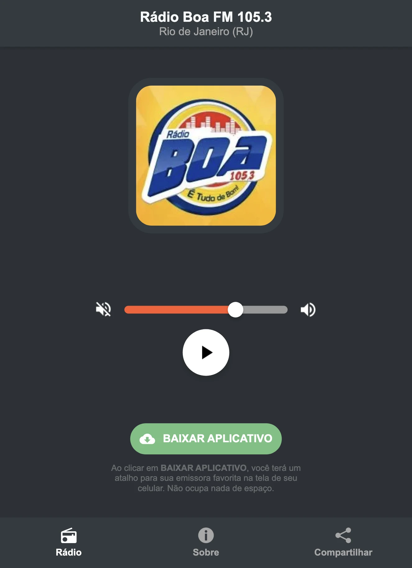 Screenshot do aplicativo da Rádio Boa FM 105.3