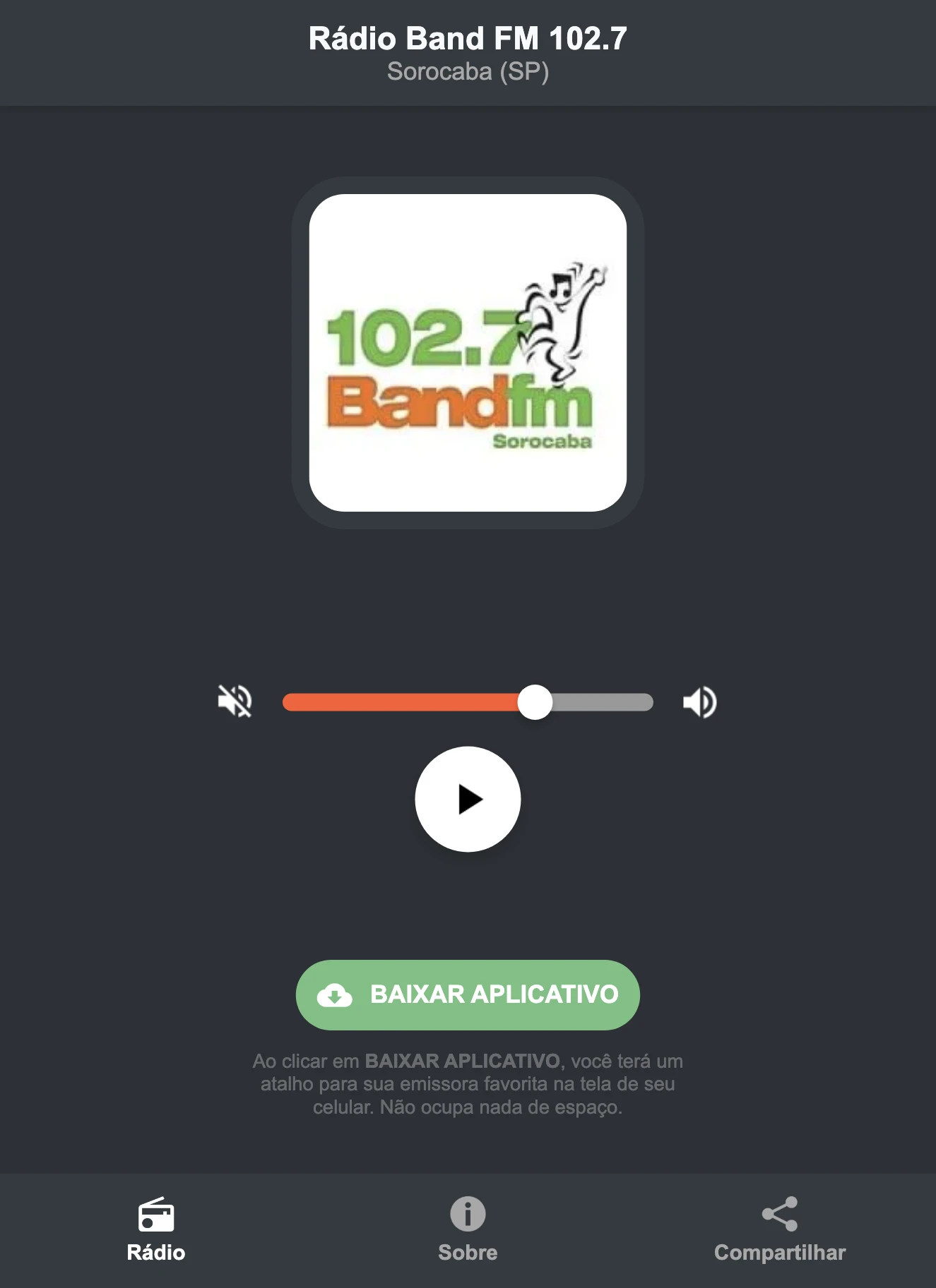 Screenshot do aplicativo da Rádio Band FM 102.7