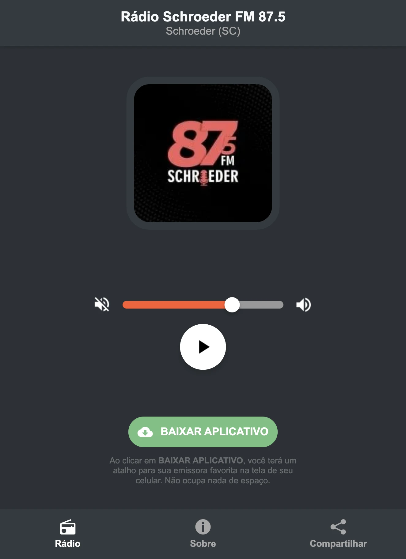 Screenshot do aplicativo da Rádio Schroeder FM 87.5