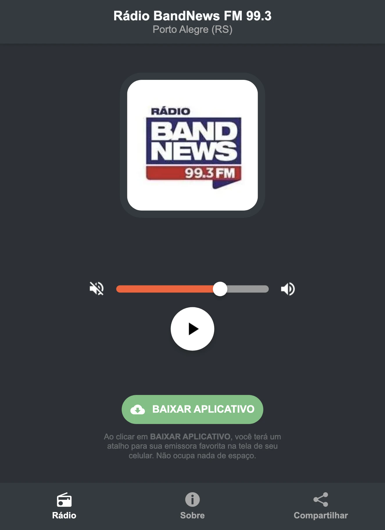 Screenshot do aplicativo da Rádio BandNews FM 99.3