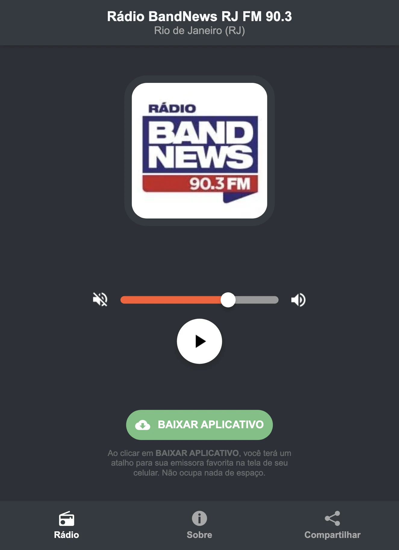 Screenshot do aplicativo da Rádio BandNews RJ FM 90.3