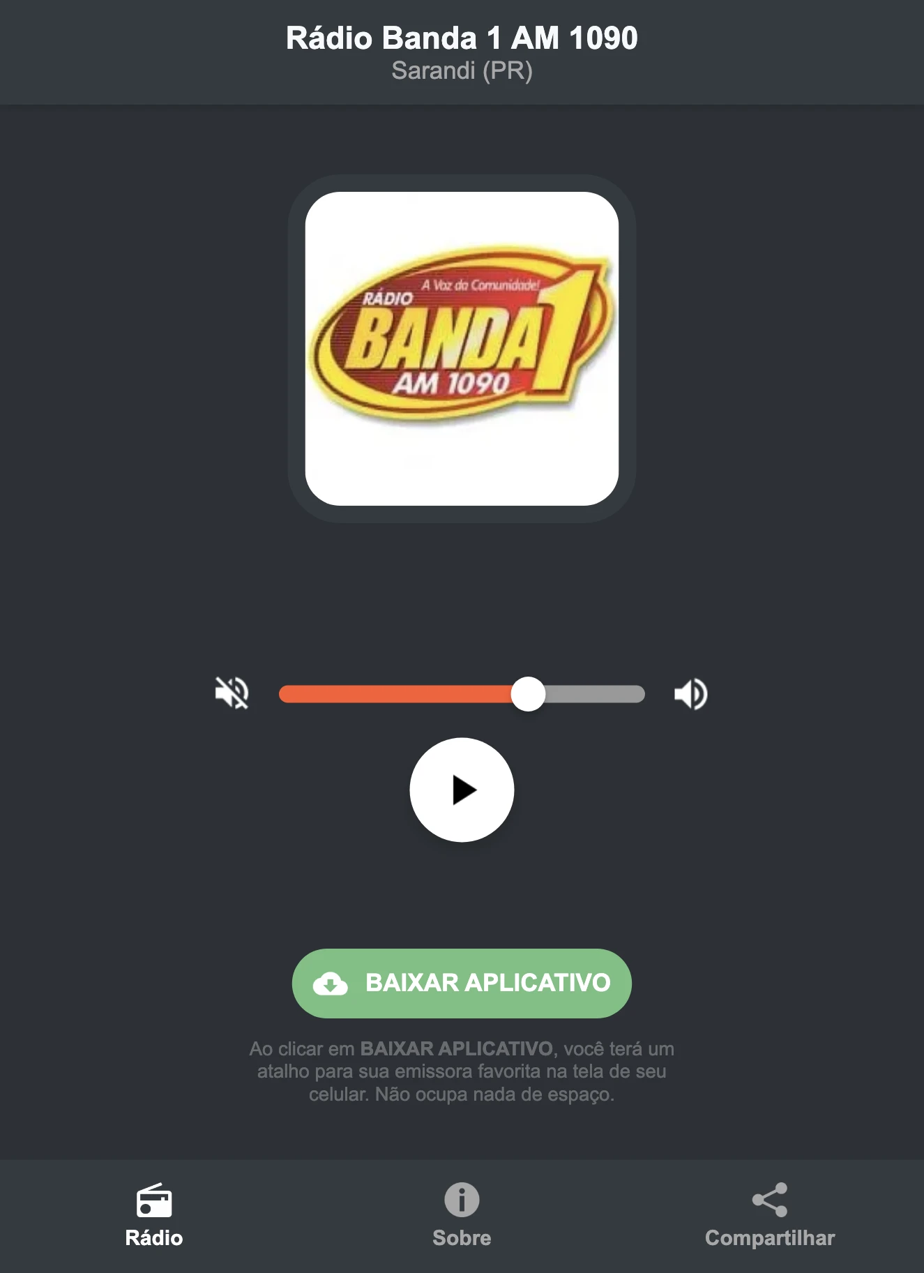 Screenshot do aplicativo da Rádio Banda 1 AM 1090