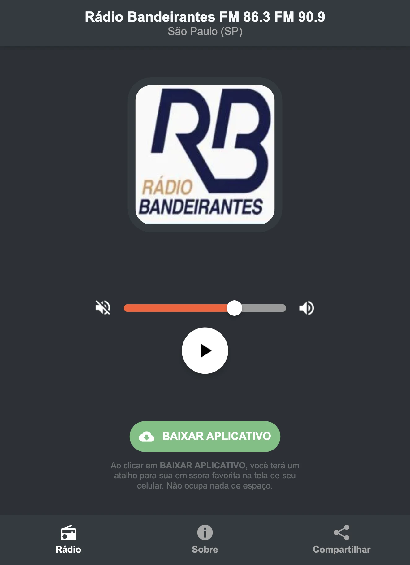 Screenshot do aplicativo da Rádio Bandeirantes FM 86.3 FM 90.9