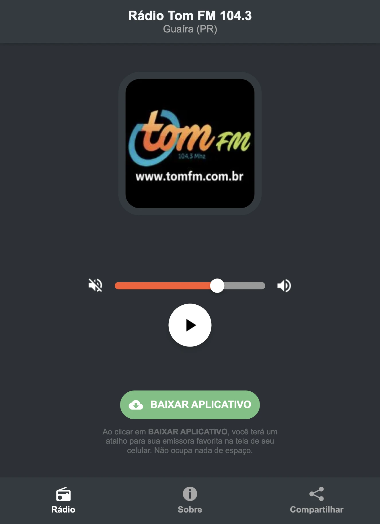 Screenshot do aplicativo da Rádio Tom FM 104.3