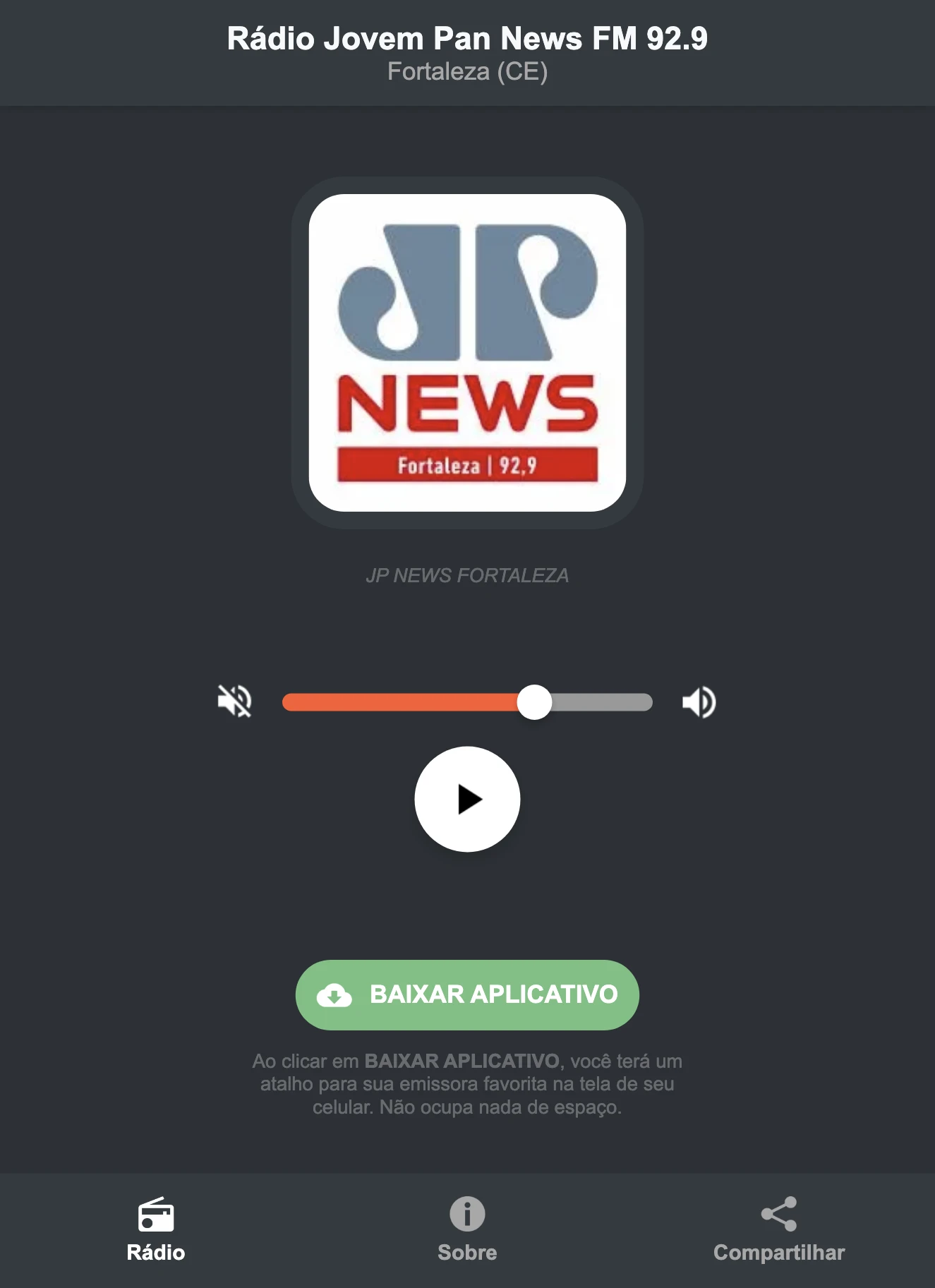 Screenshot do aplicativo da Rádio Jovem Pan News FM 92.9