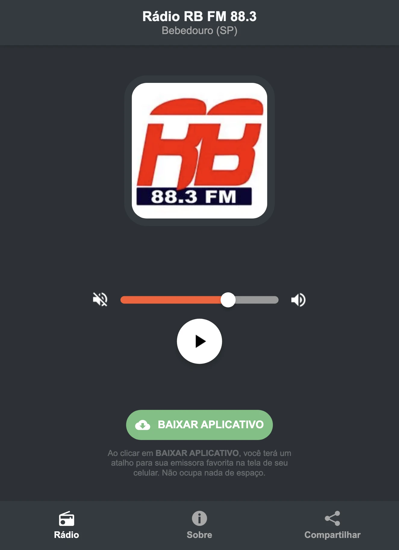Screenshot do aplicativo da Rádio RB FM 88.3