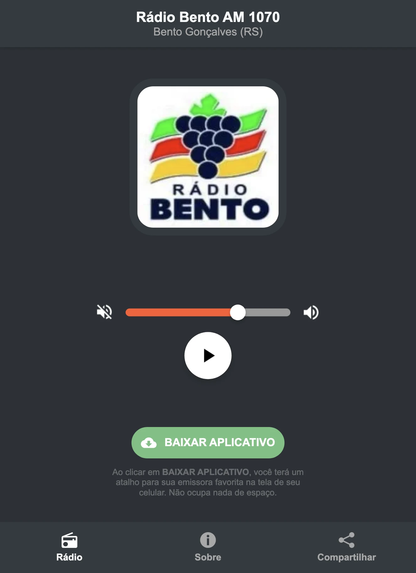 Screenshot do aplicativo da Rádio Bento AM 1070