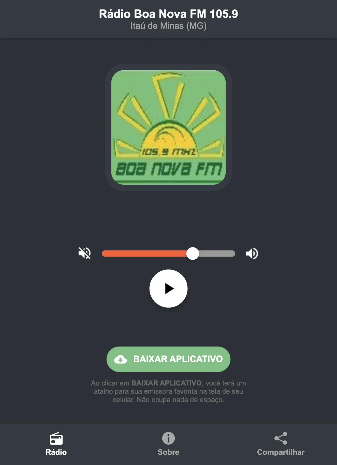Screenshot do aplicativo da Rádio Boa Nova FM 105.9