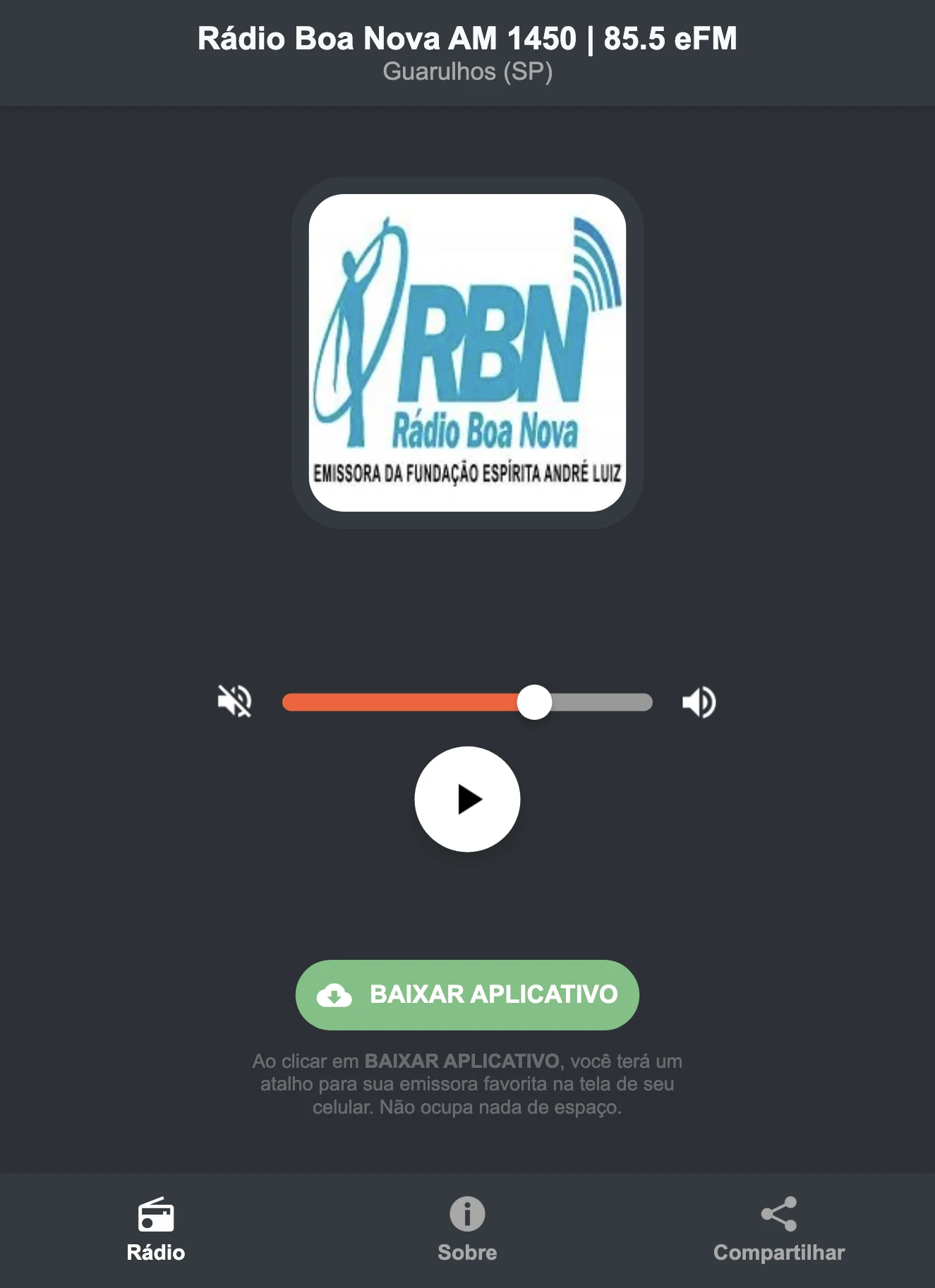 Screenshot do aplicativo da Rádio Boa Nova AM 1450 | 85.5 eFM