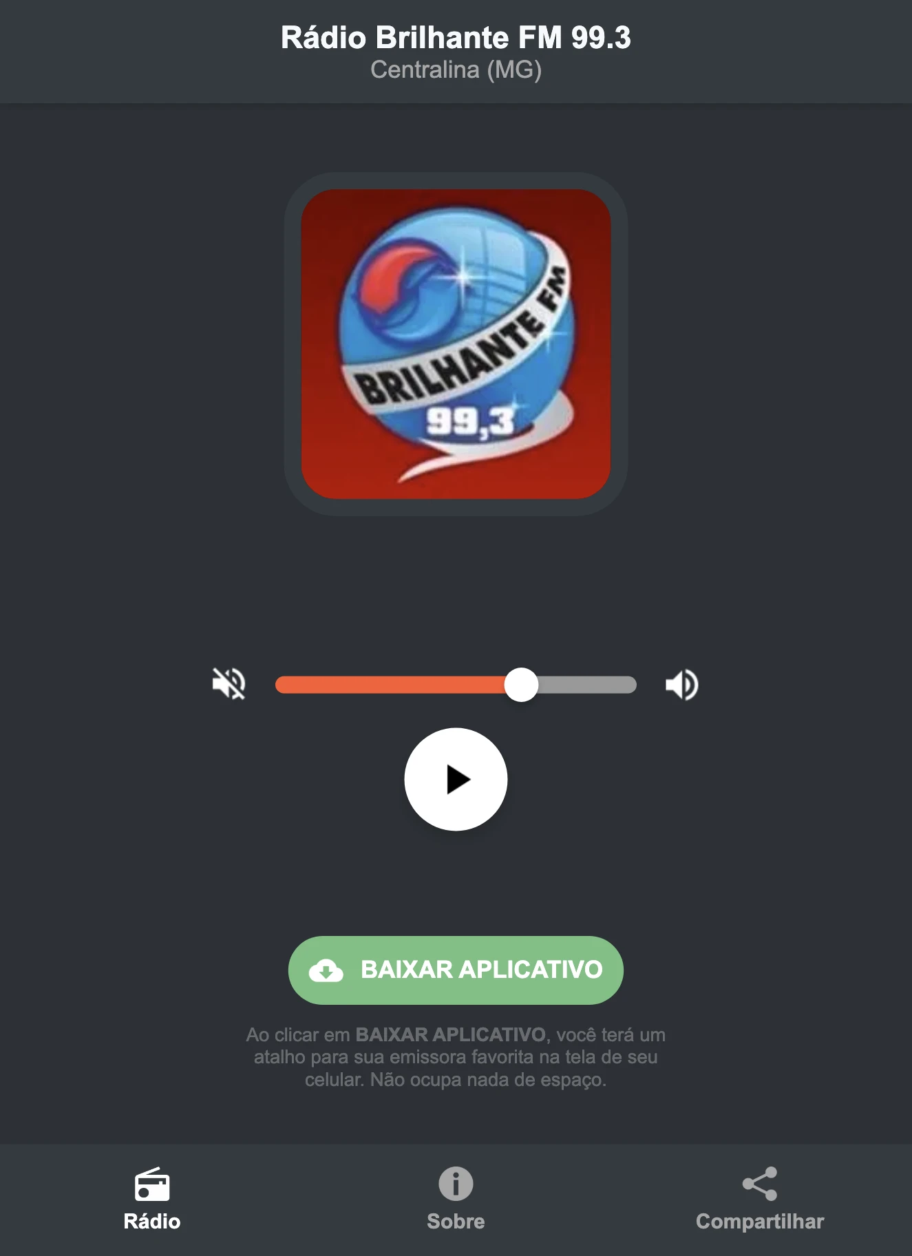 Screenshot do aplicativo da Rádio Brilhante FM 99.3