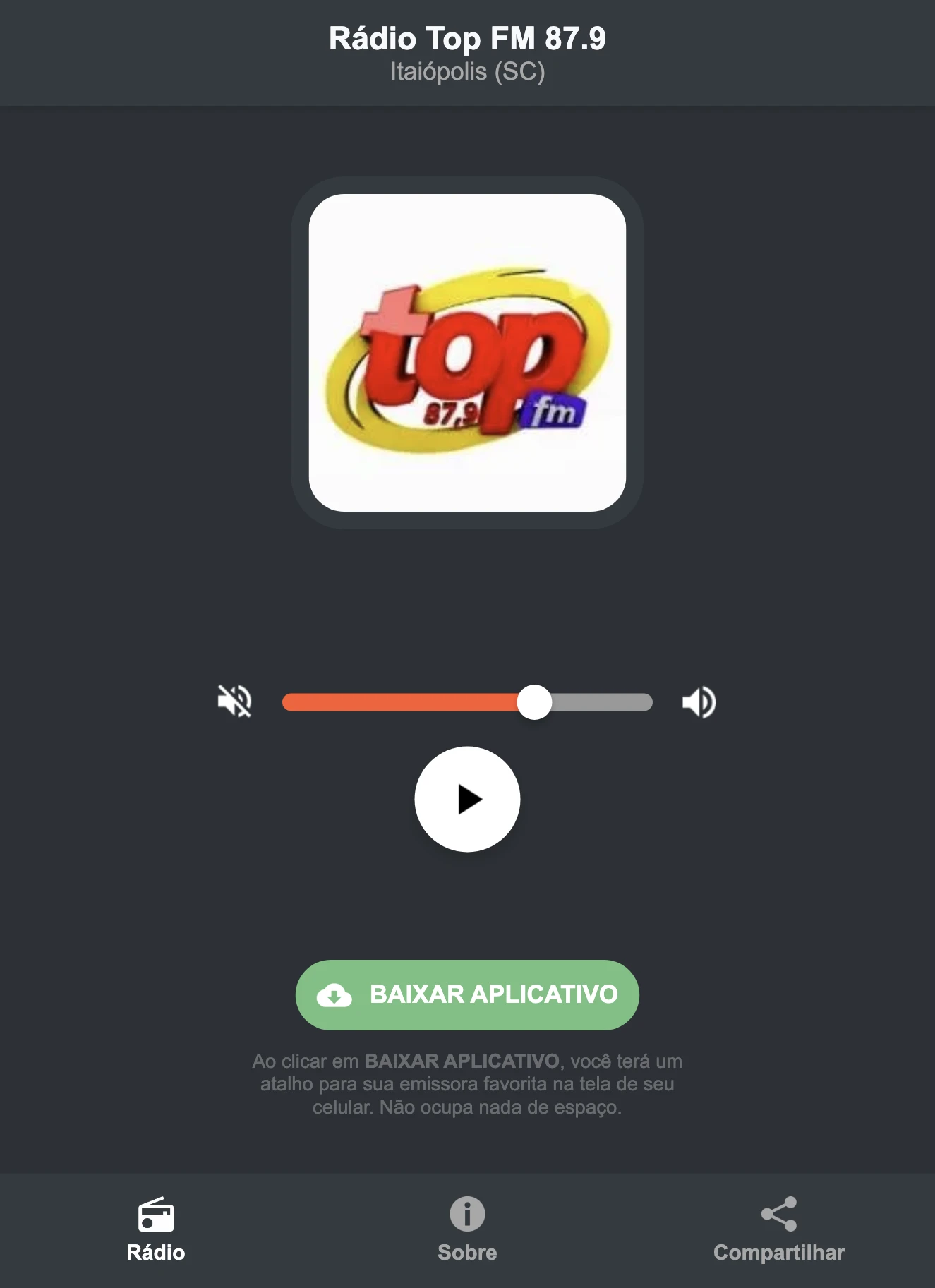 Screenshot do aplicativo da Rádio Top FM 87.9