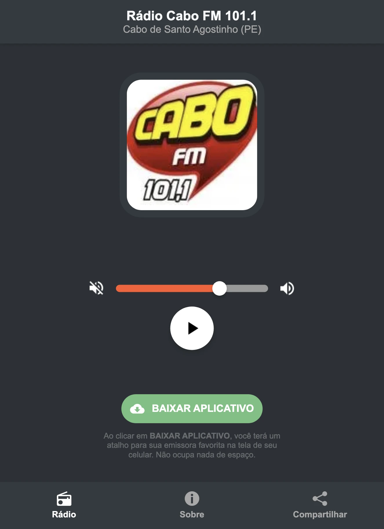 Screenshot do aplicativo da Rádio Cabo FM 101.1