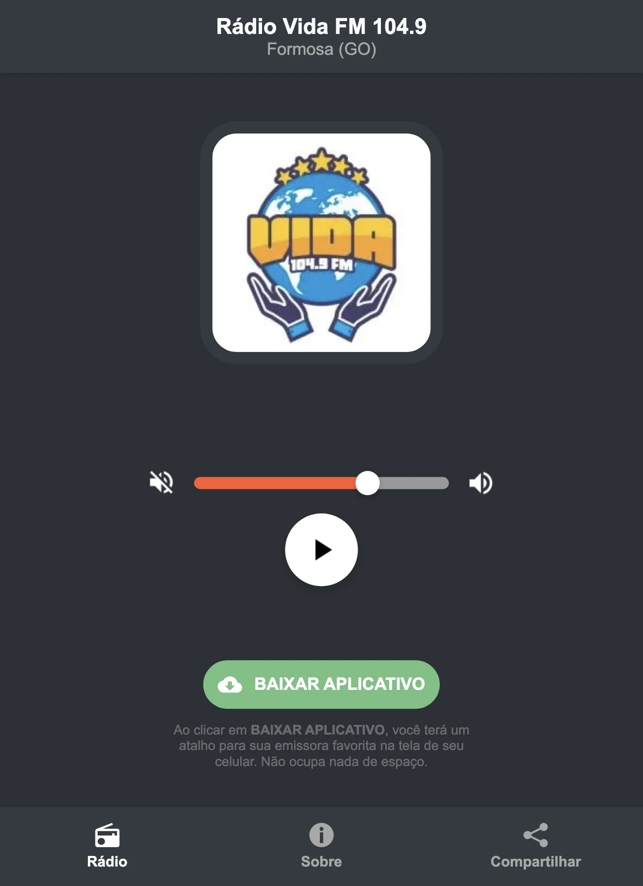 Screenshot do aplicativo da Rádio Vida FM 104.9