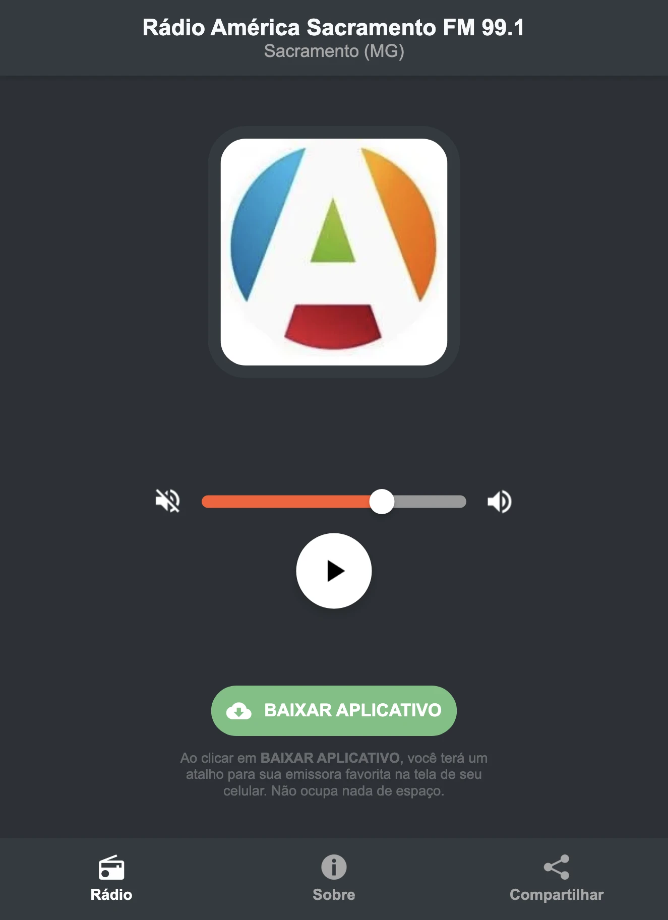 Screenshot do aplicativo da Rádio América Sacramento FM 99.1