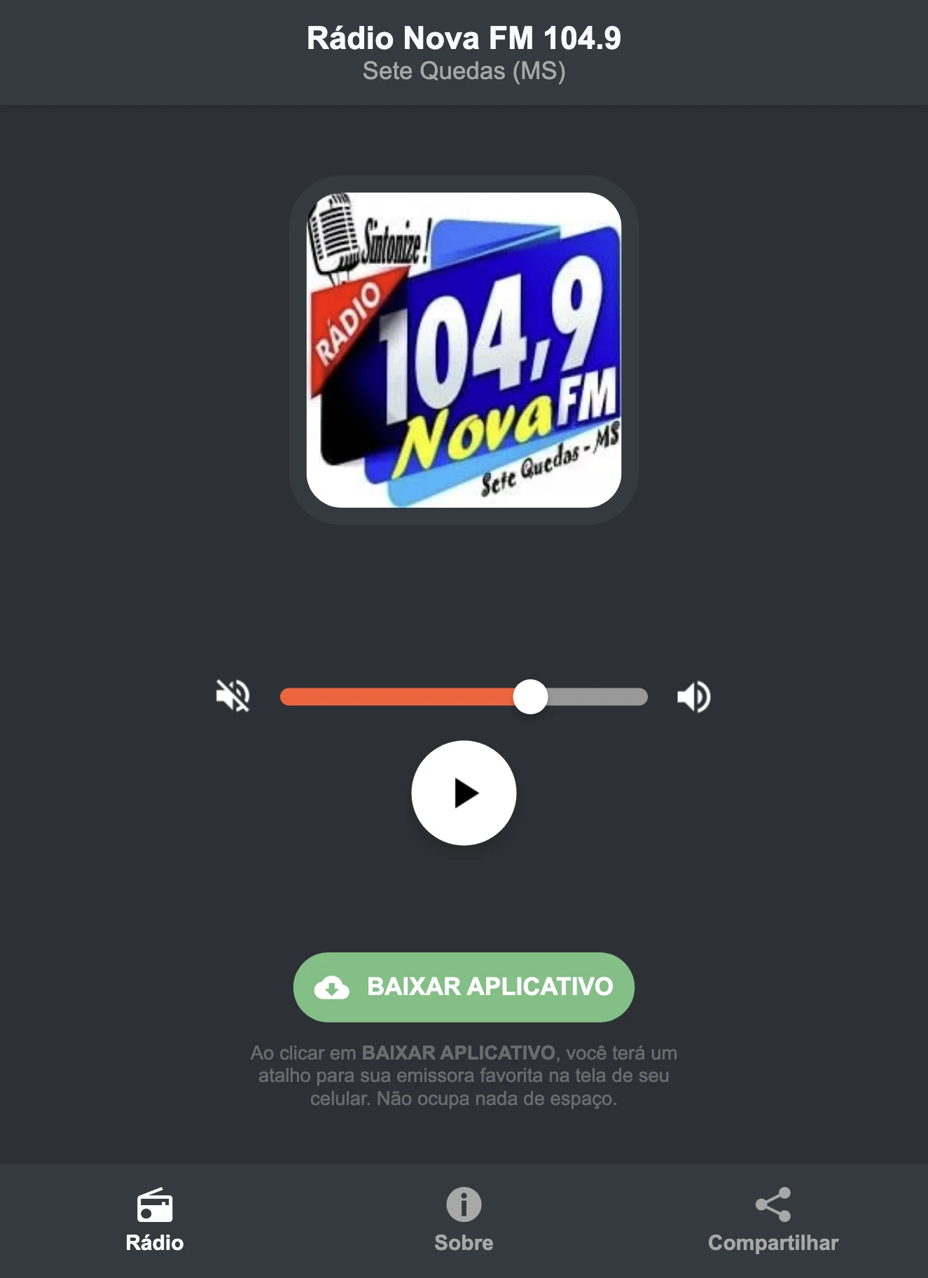 Screenshot do aplicativo da Rádio Nova FM 104.9