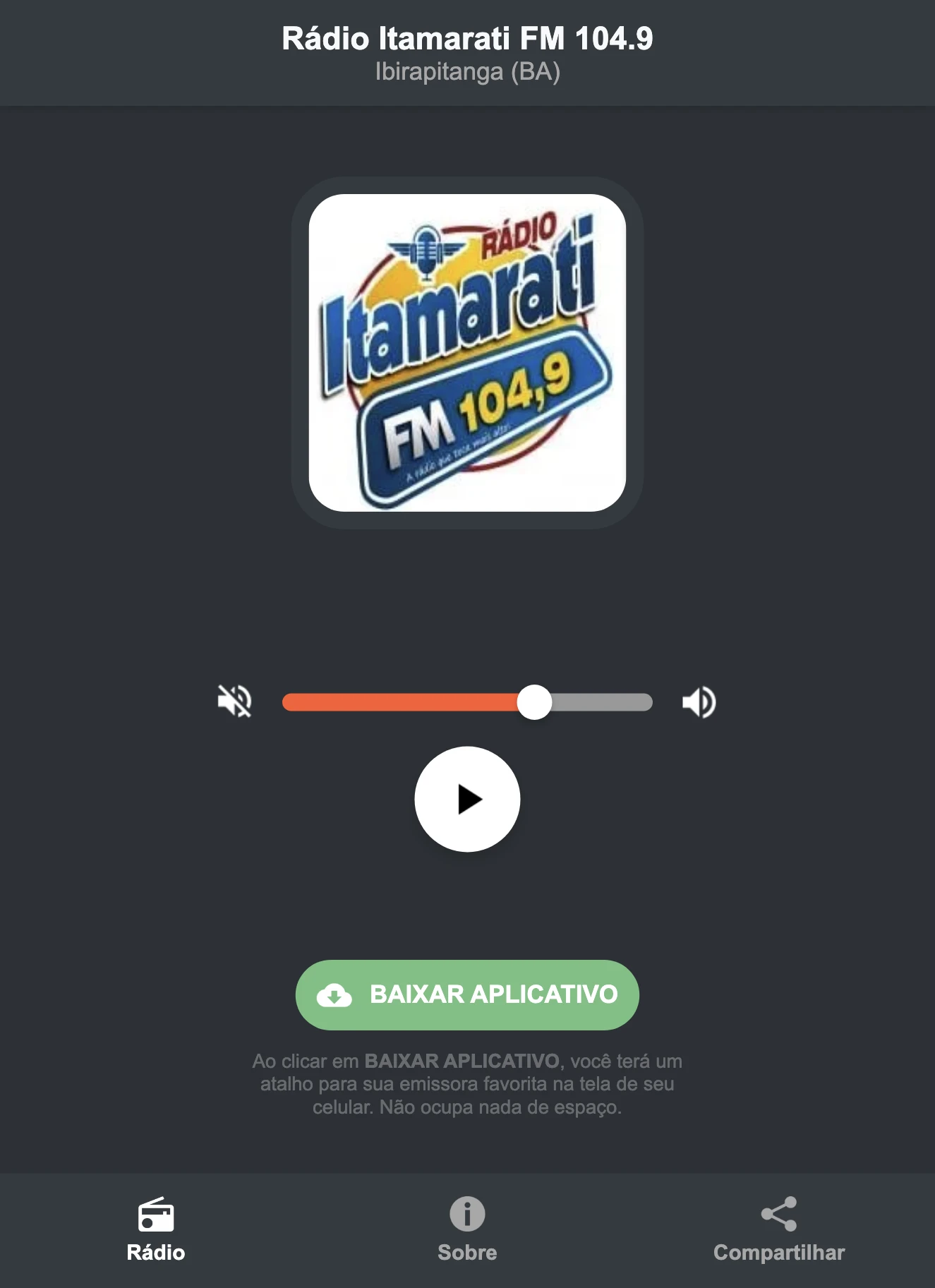 Screenshot do aplicativo da Rádio Itamarati FM 104.9