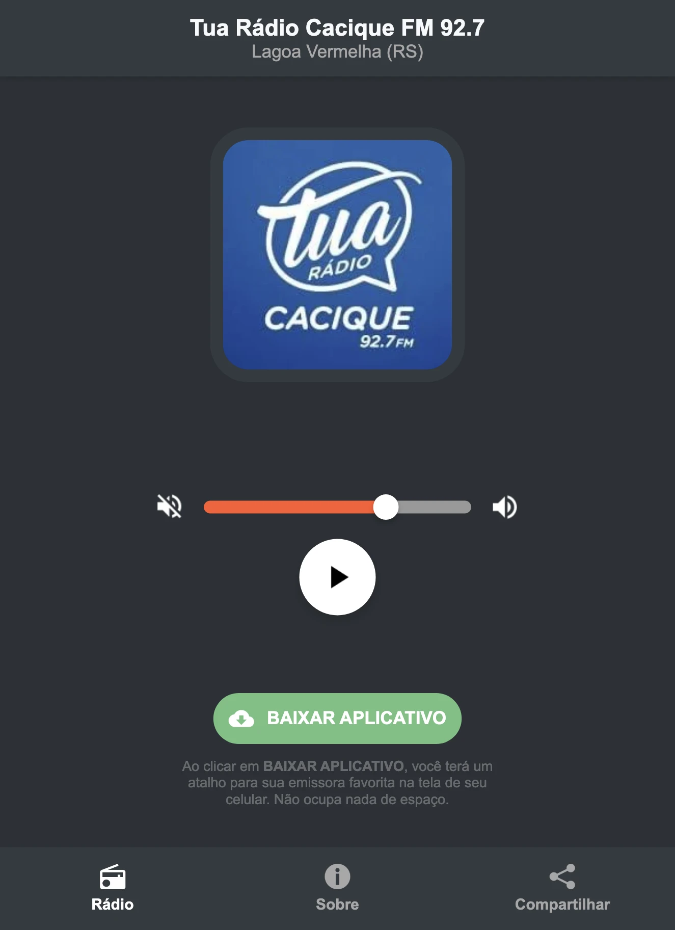 Screenshot do aplicativo da Tua Rádio Cacique FM 92.7