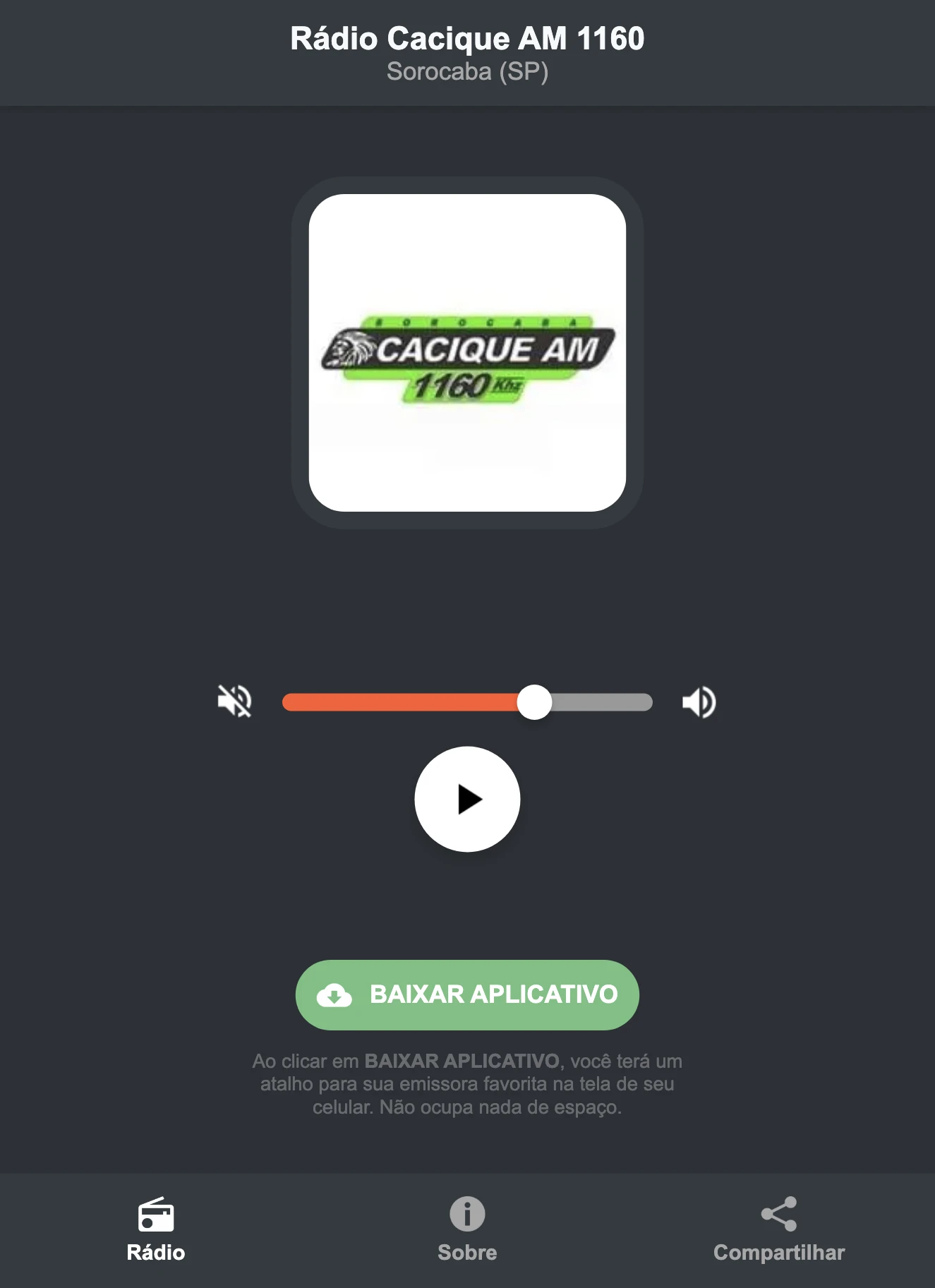 Screenshot do aplicativo da Rádio Cacique AM 1160