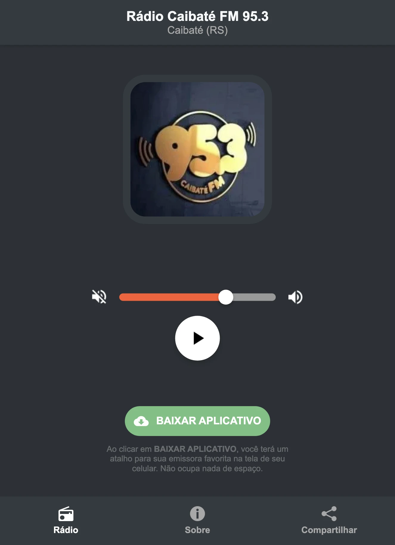Screenshot do aplicativo da Rádio Caibaté FM 95.3