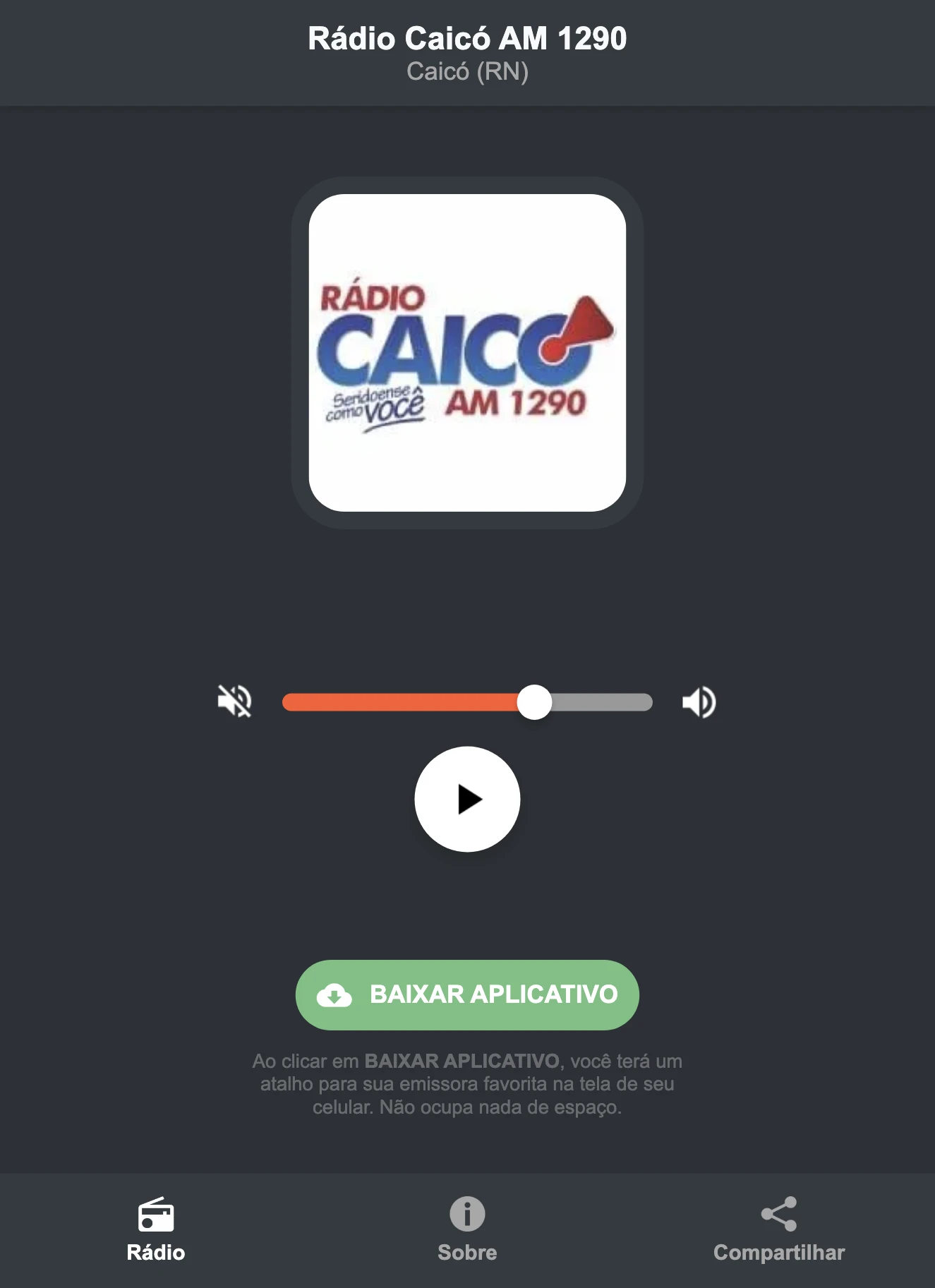 Screenshot do aplicativo da Rádio Caicó AM 1290