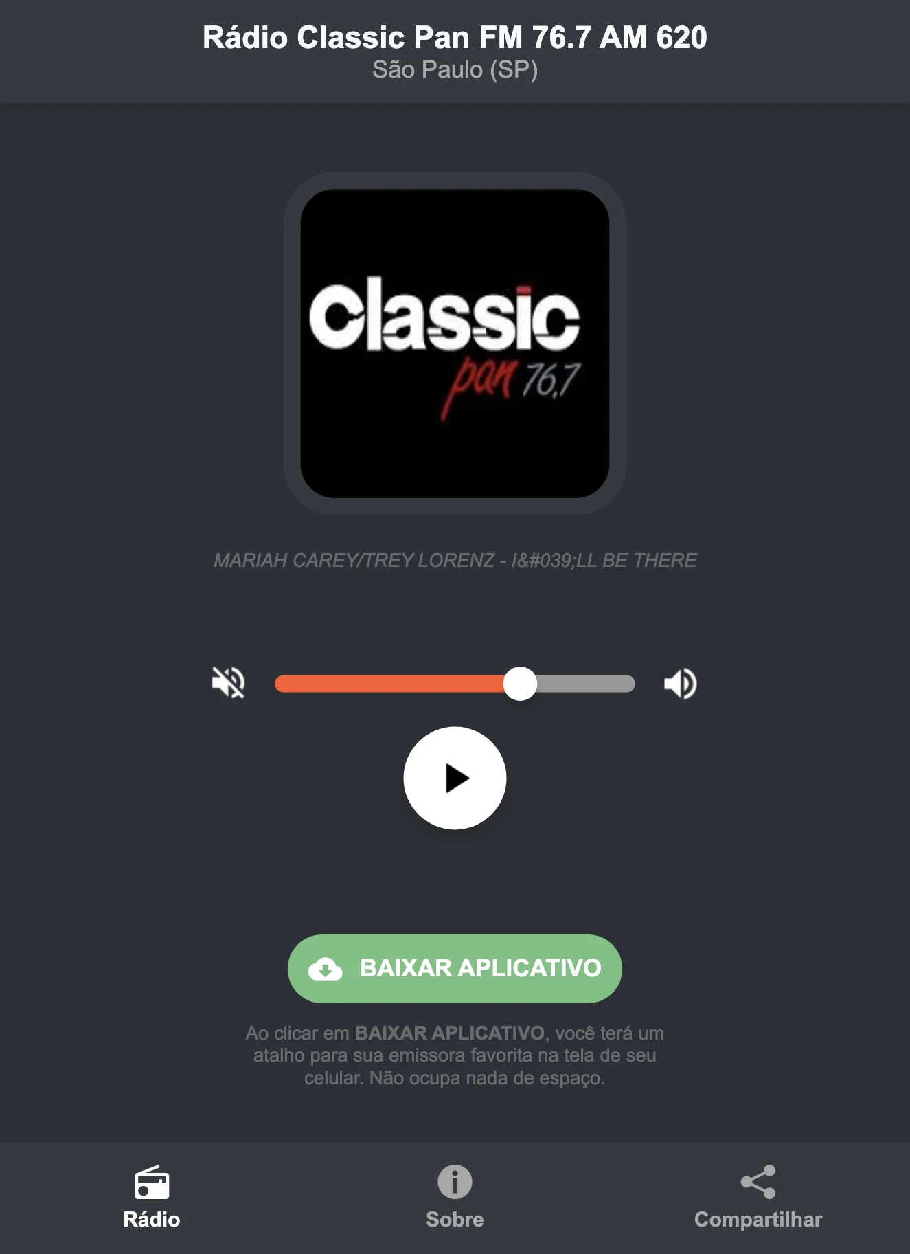 Screenshot do aplicativo da Rádio Classic Pan FM 76.7 AM 620