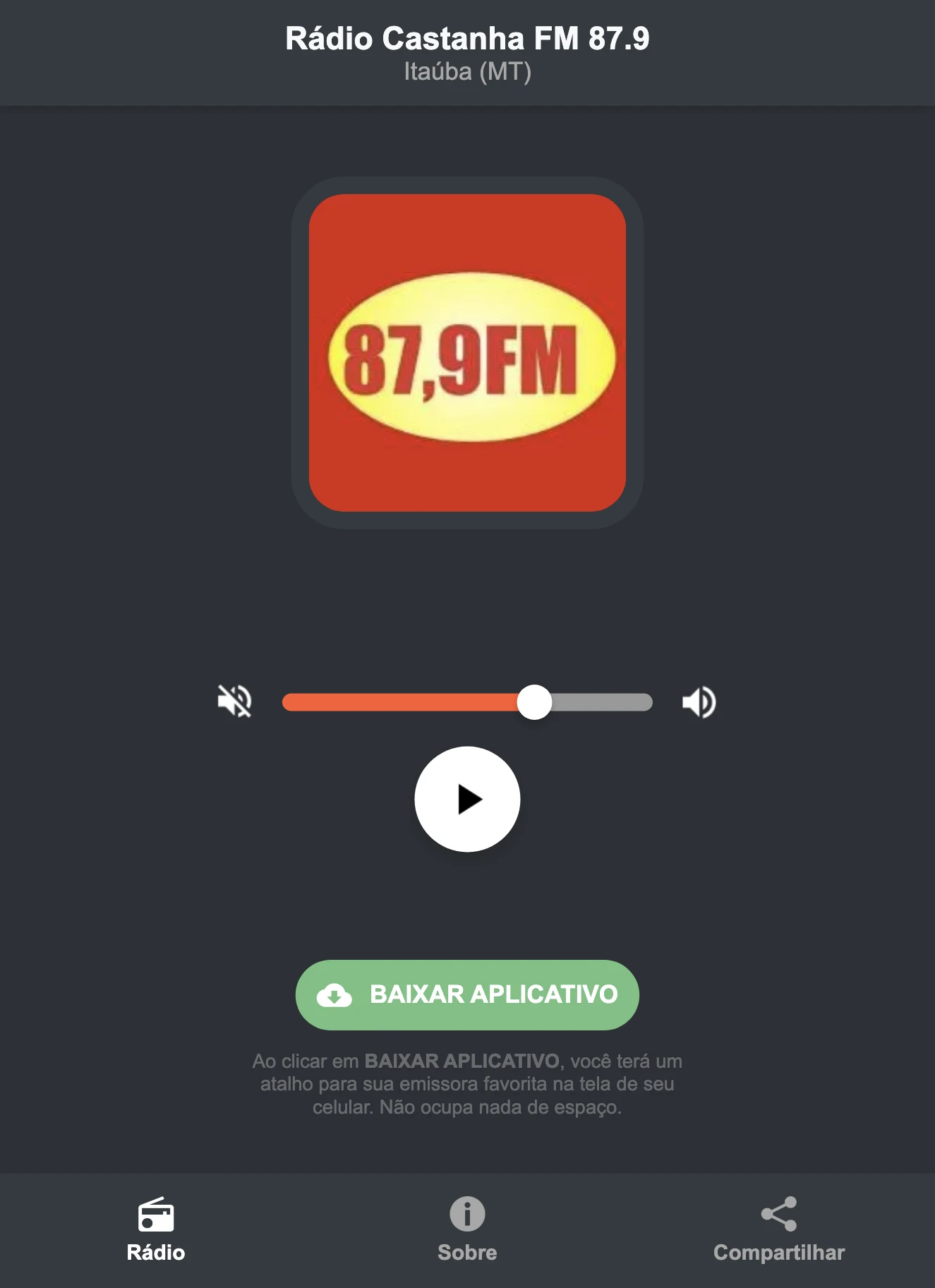 Screenshot do aplicativo da Rádio Castanha FM 87.9