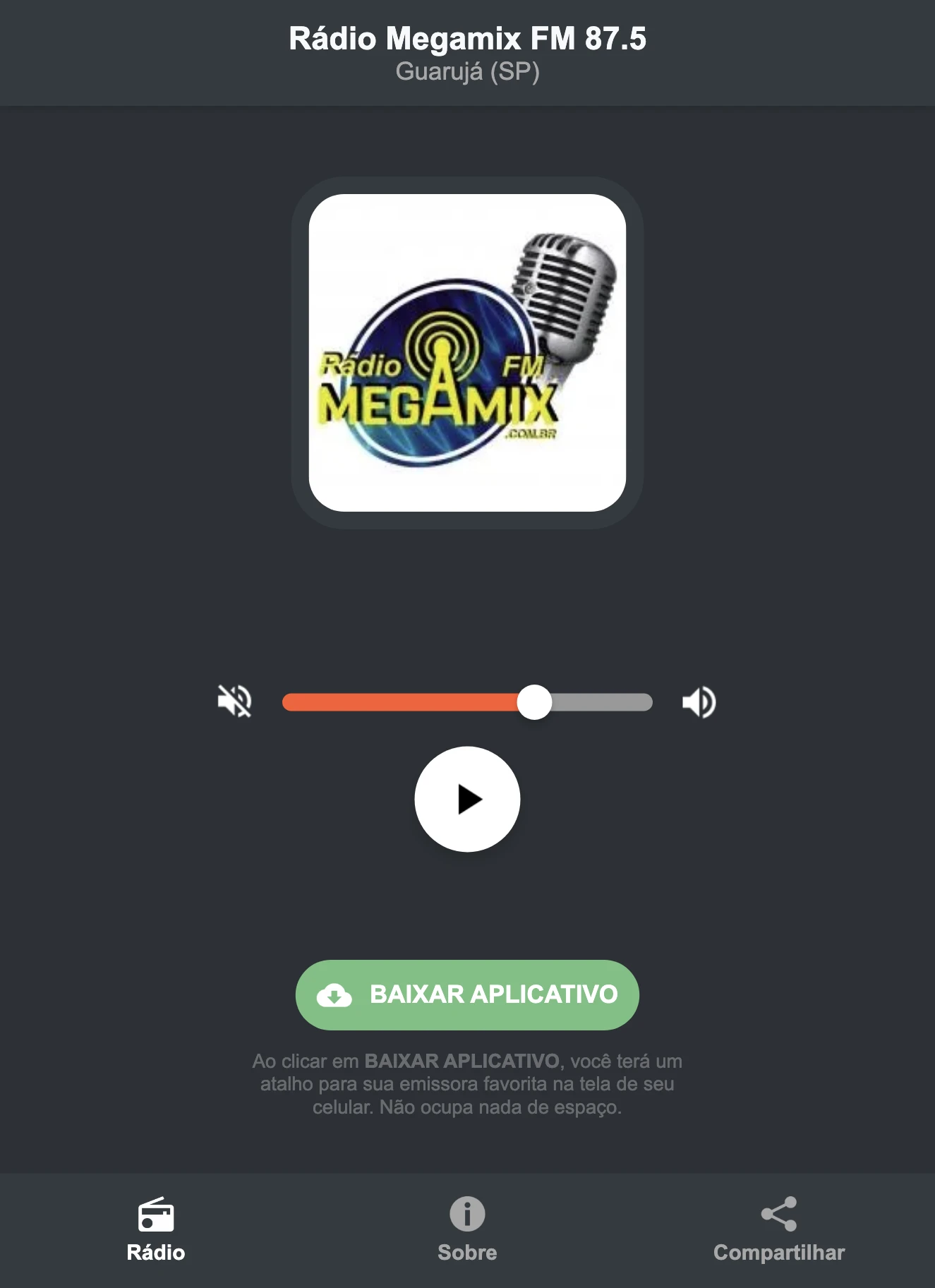 Screenshot do aplicativo da Rádio Megamix FM 87.5