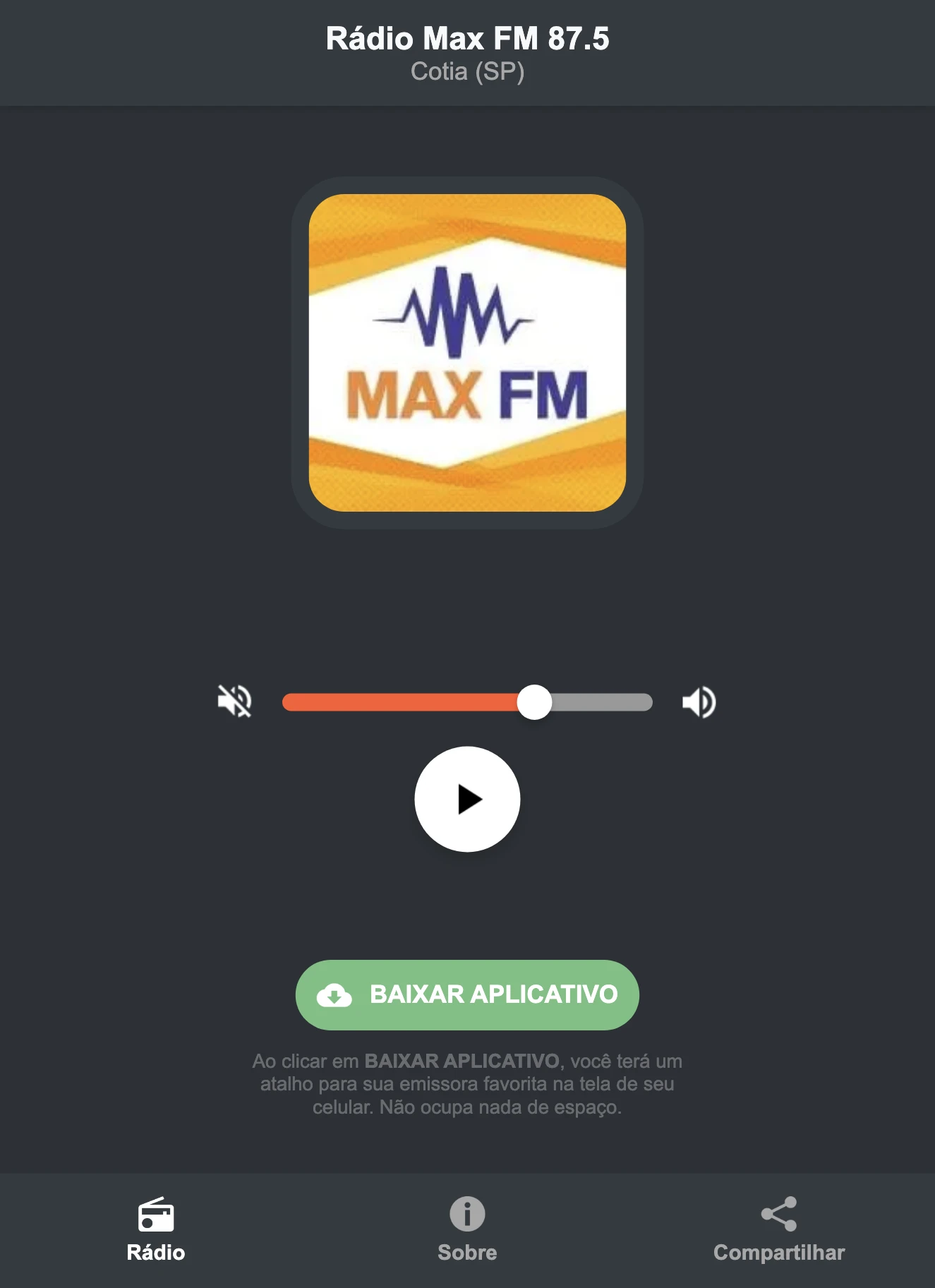 Screenshot do aplicativo da Rádio Max FM 87.5