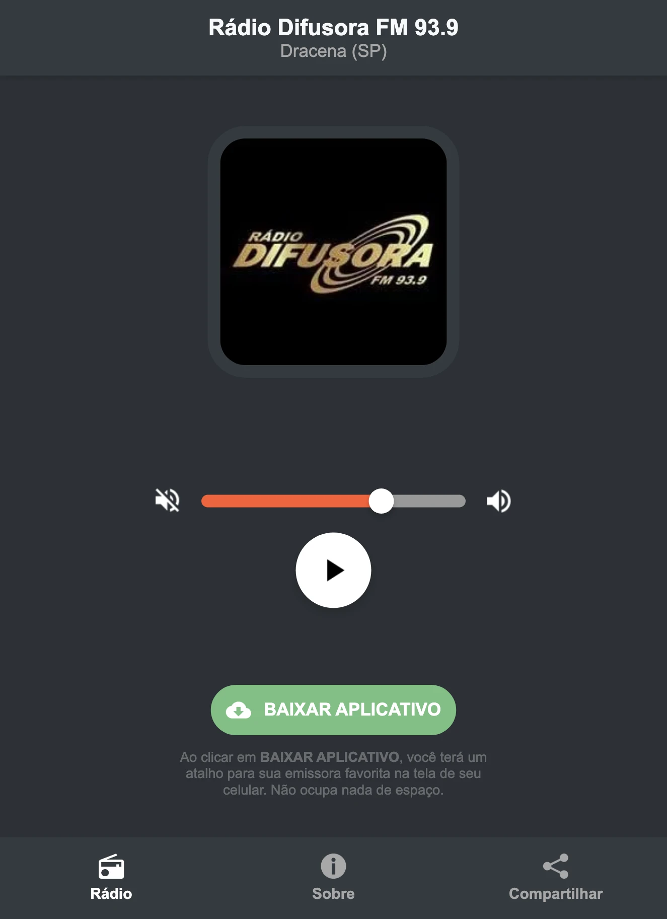 Screenshot do aplicativo da Rádio Difusora FM 93.9
