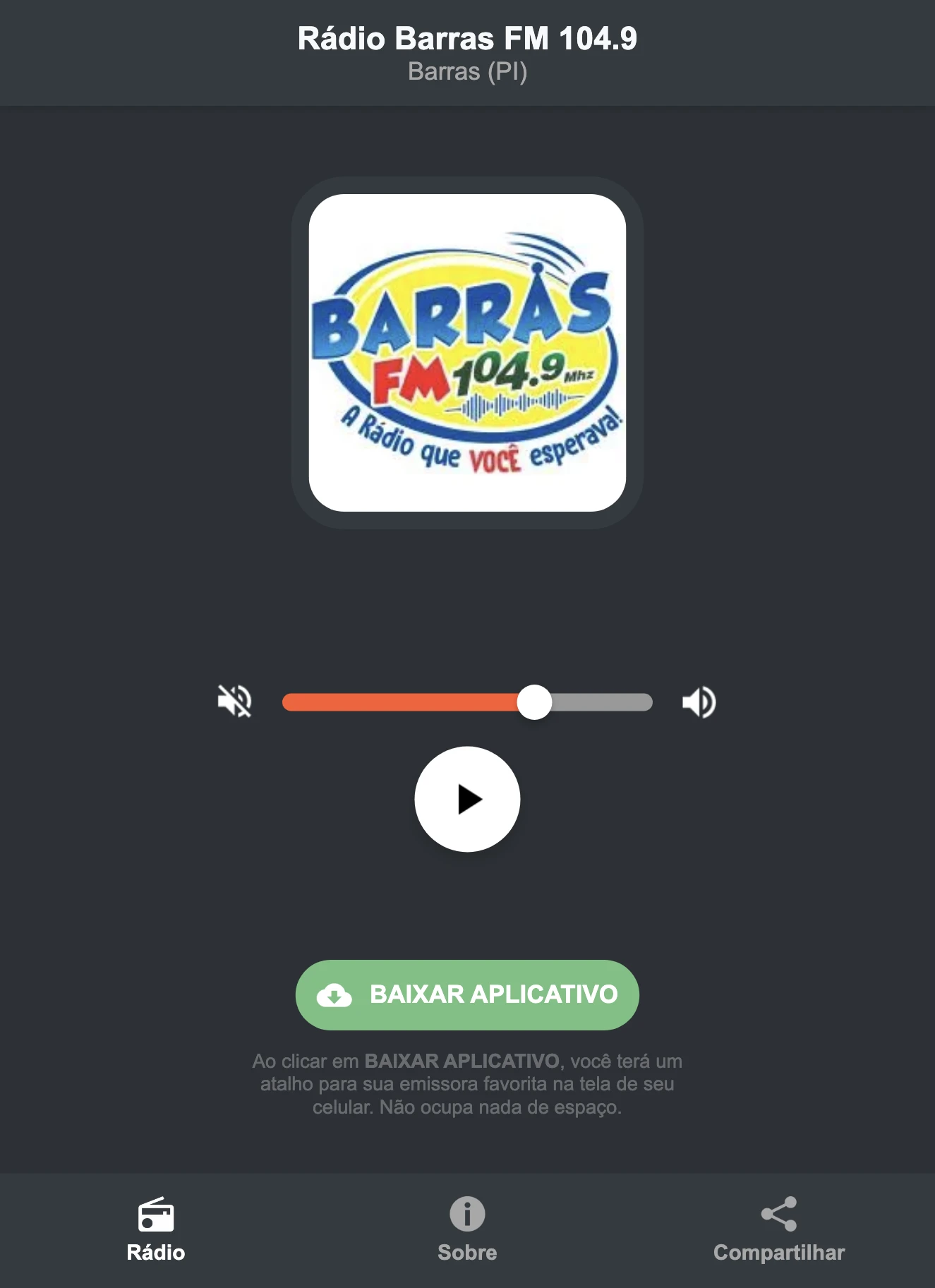 Screenshot do aplicativo da Rádio Barras FM 104.9