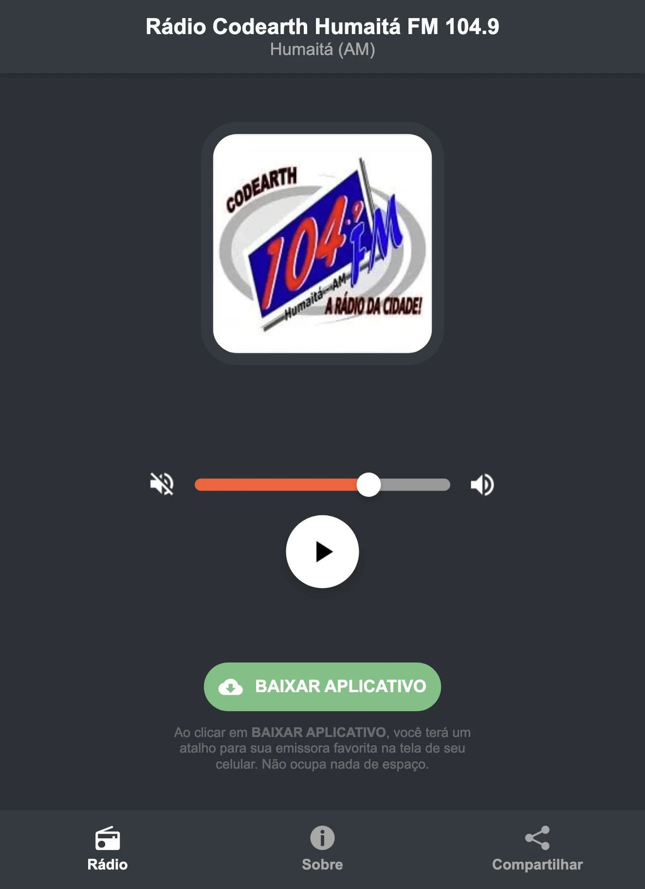 Screenshot do aplicativo da Rádio Codearth Humaitá FM 104.9