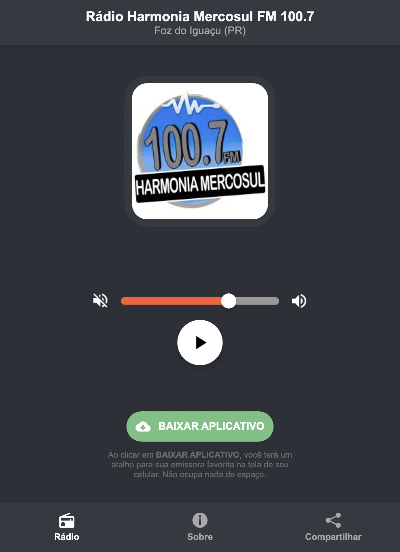 Screenshot do aplicativo da Rádio Harmonia Mercosul FM 100.7