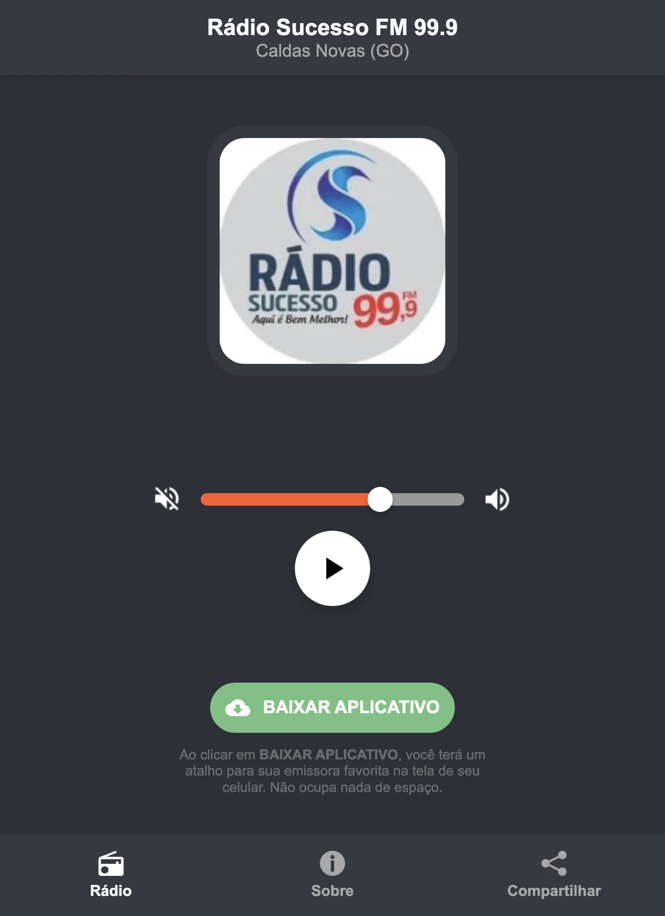 Screenshot do aplicativo da Rádio Sucesso FM 99.9