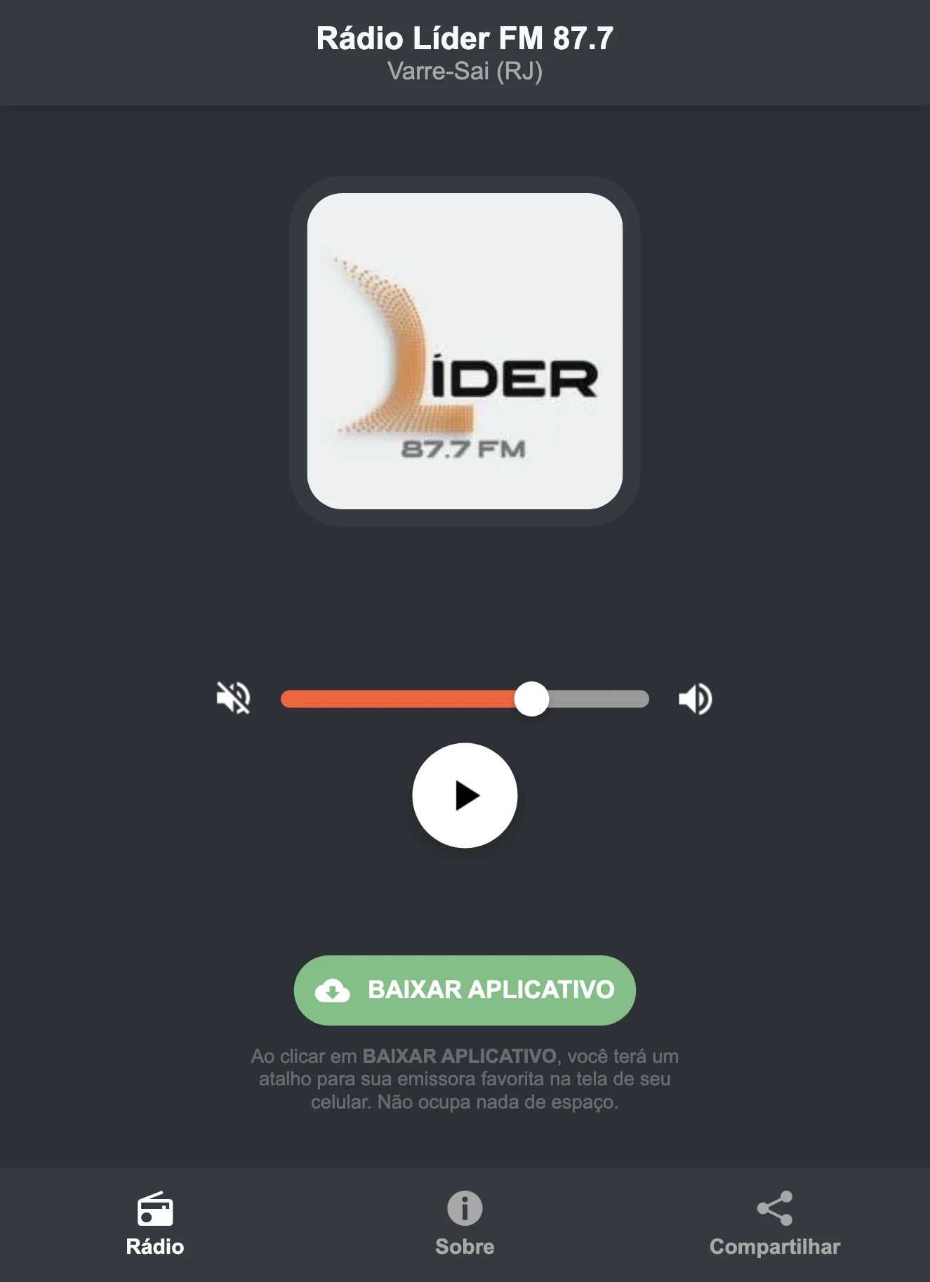 Screenshot do aplicativo da Rádio Líder FM 87.7
