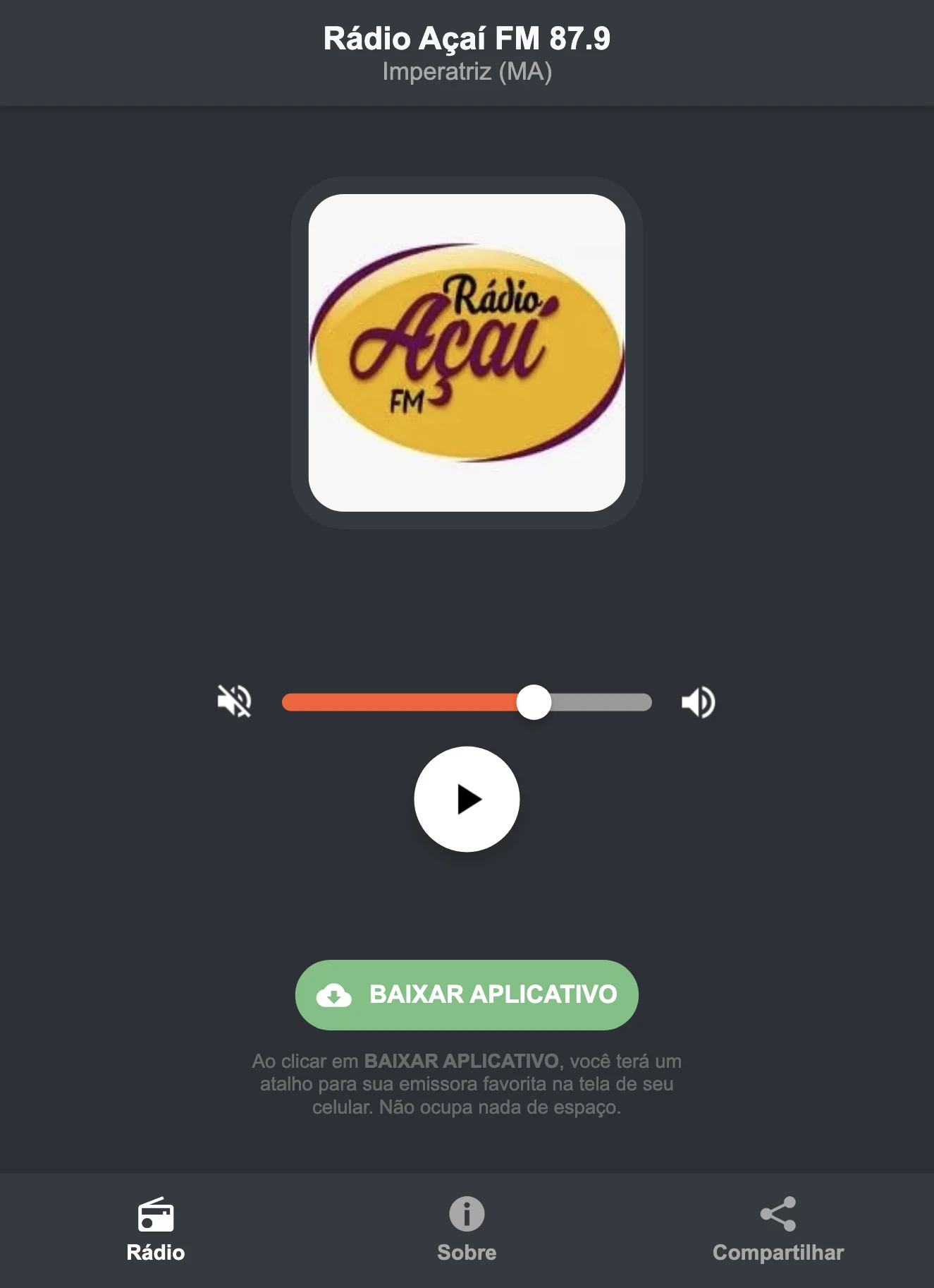 Screenshot do aplicativo da Rádio Açaí FM 87.9