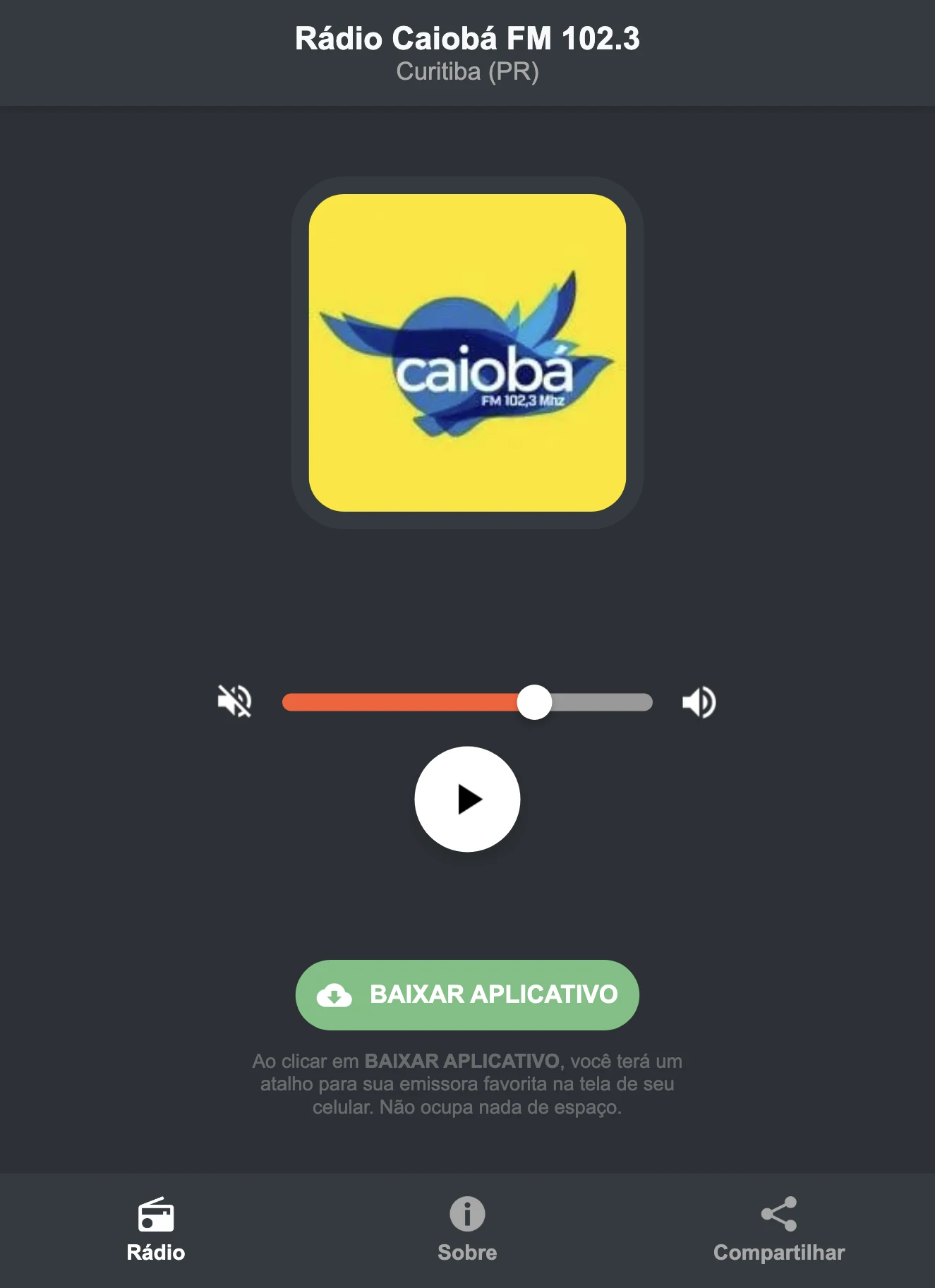Screenshot do aplicativo da Rádio Caiobá FM 102.3