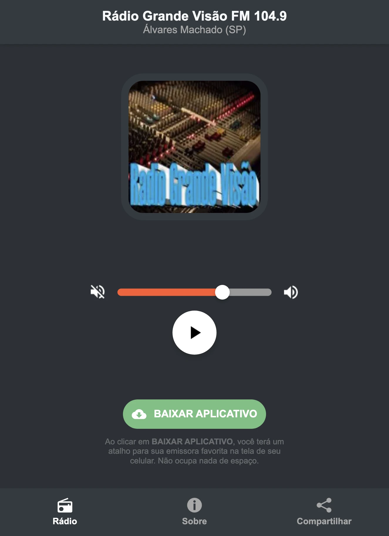 Screenshot do aplicativo da Rádio Grande Visão FM 104.9