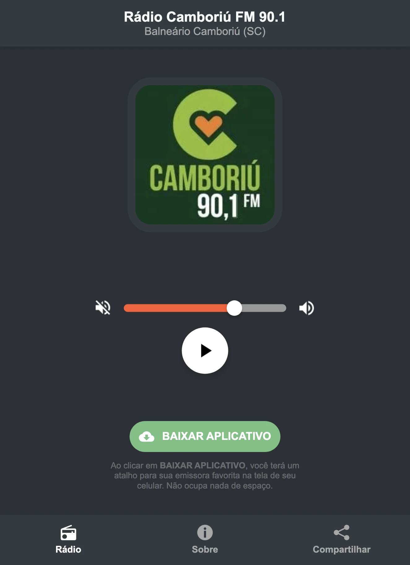 Screenshot do aplicativo da Rádio Camboriú FM 90.1
