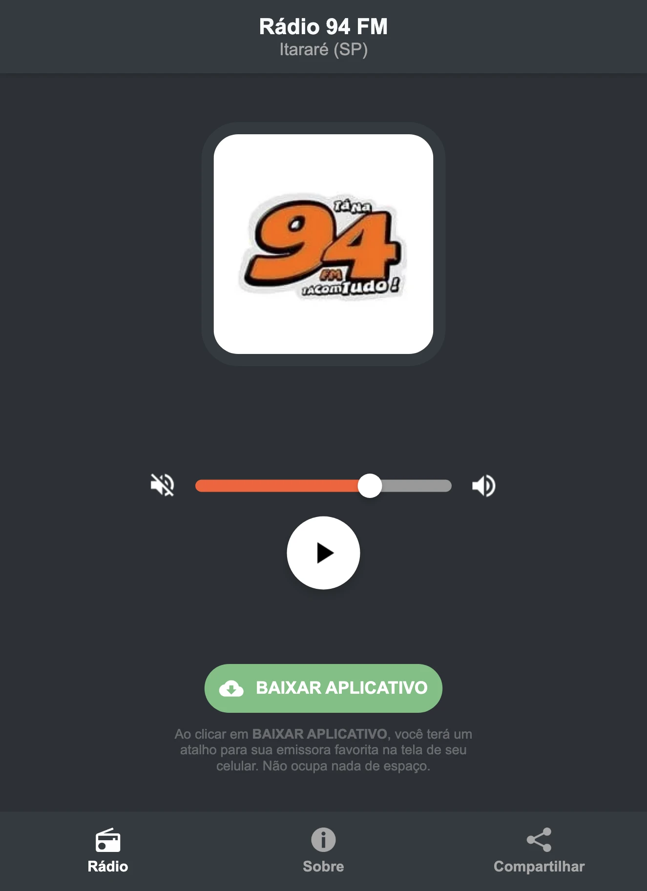 Screenshot do aplicativo da Rádio 94 FM