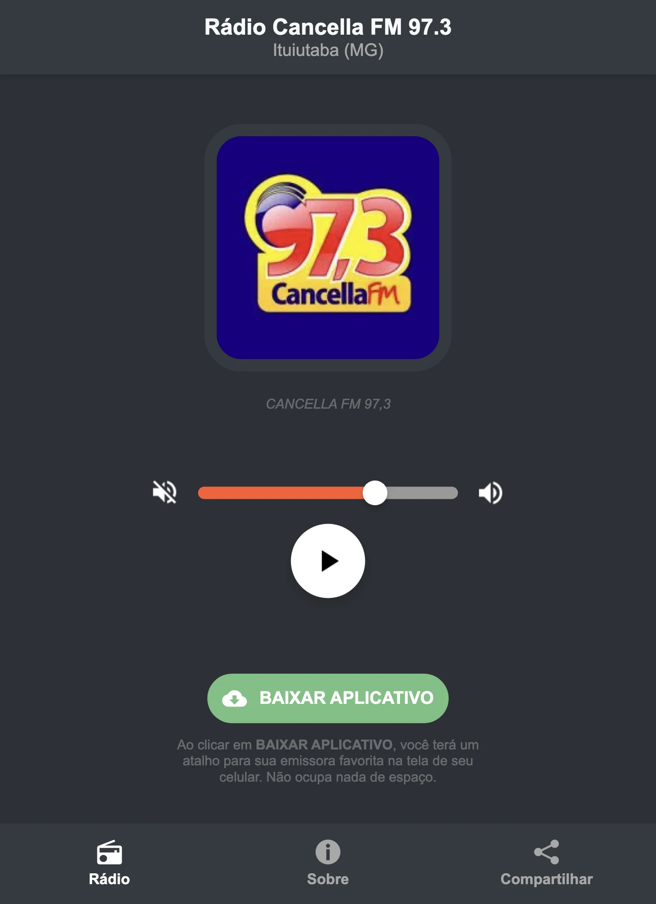 Screenshot do aplicativo da Rádio Cancella FM 97.3