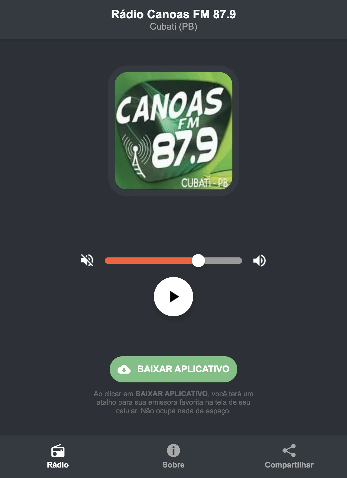 Screenshot do aplicativo da Rádio Canoas FM 87.9