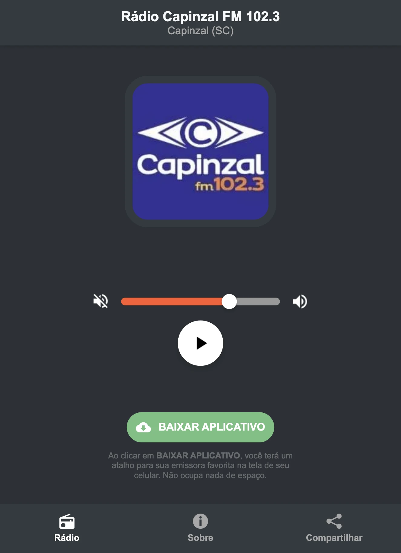Screenshot do aplicativo da Rádio Capinzal FM 102.3