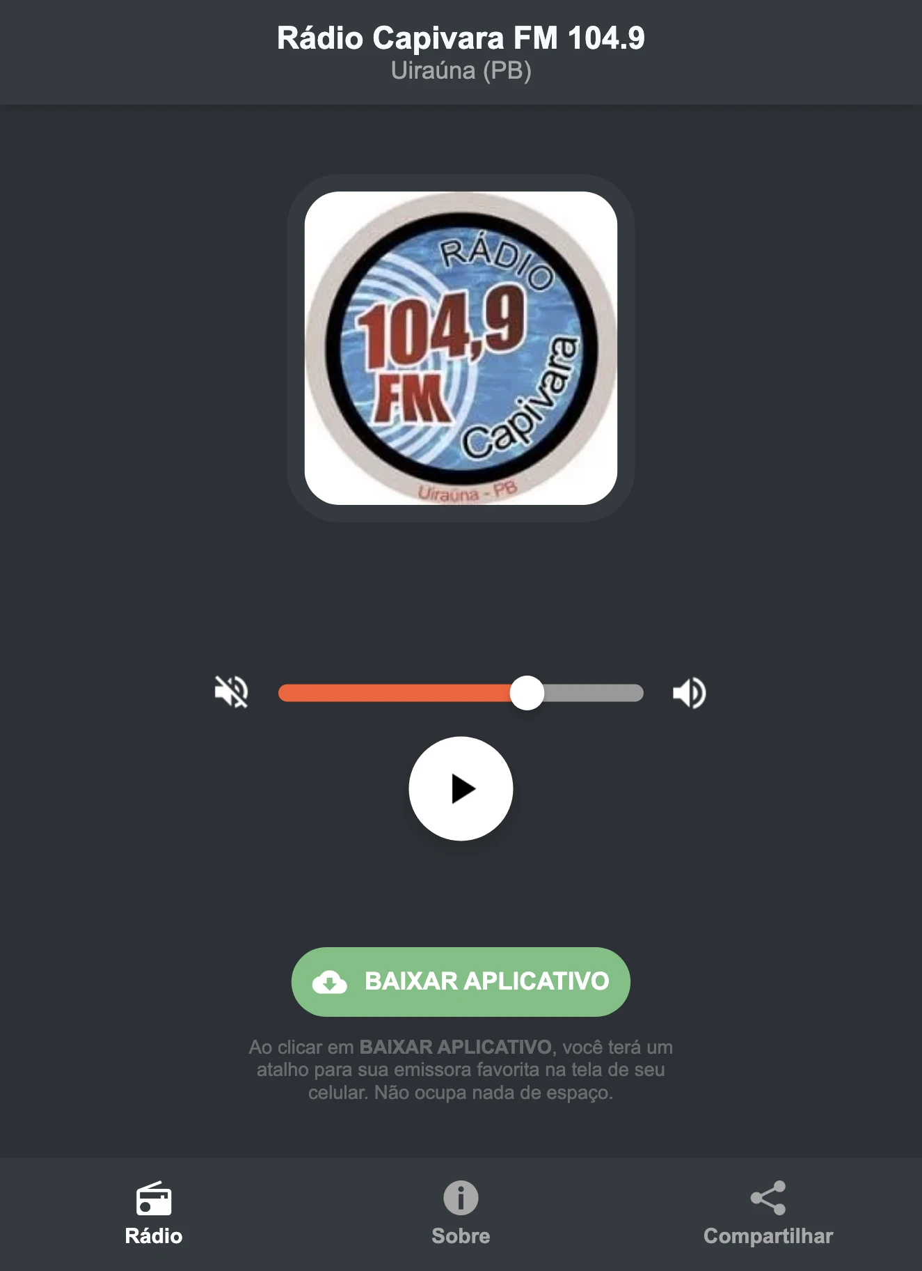 Screenshot do aplicativo da Rádio Capivara FM 104.9