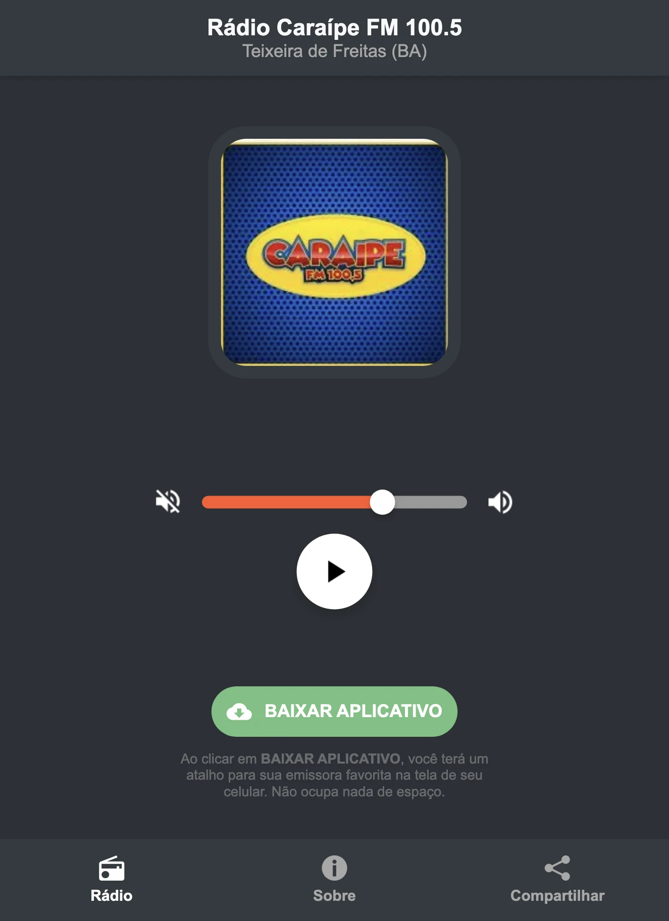 Screenshot do aplicativo da Rádio Caraípe FM 100.5