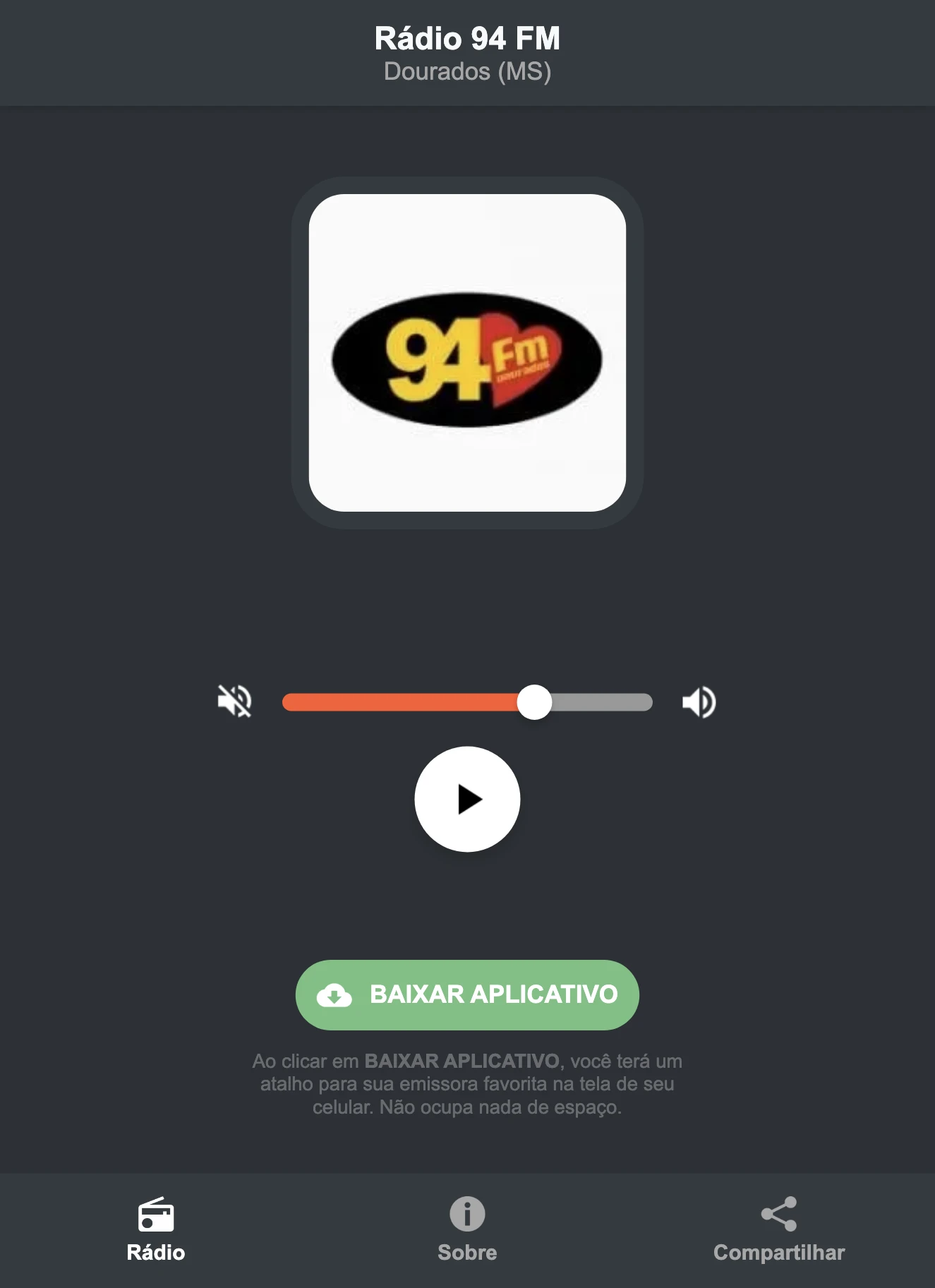 Screenshot do aplicativo da Rádio 94 FM