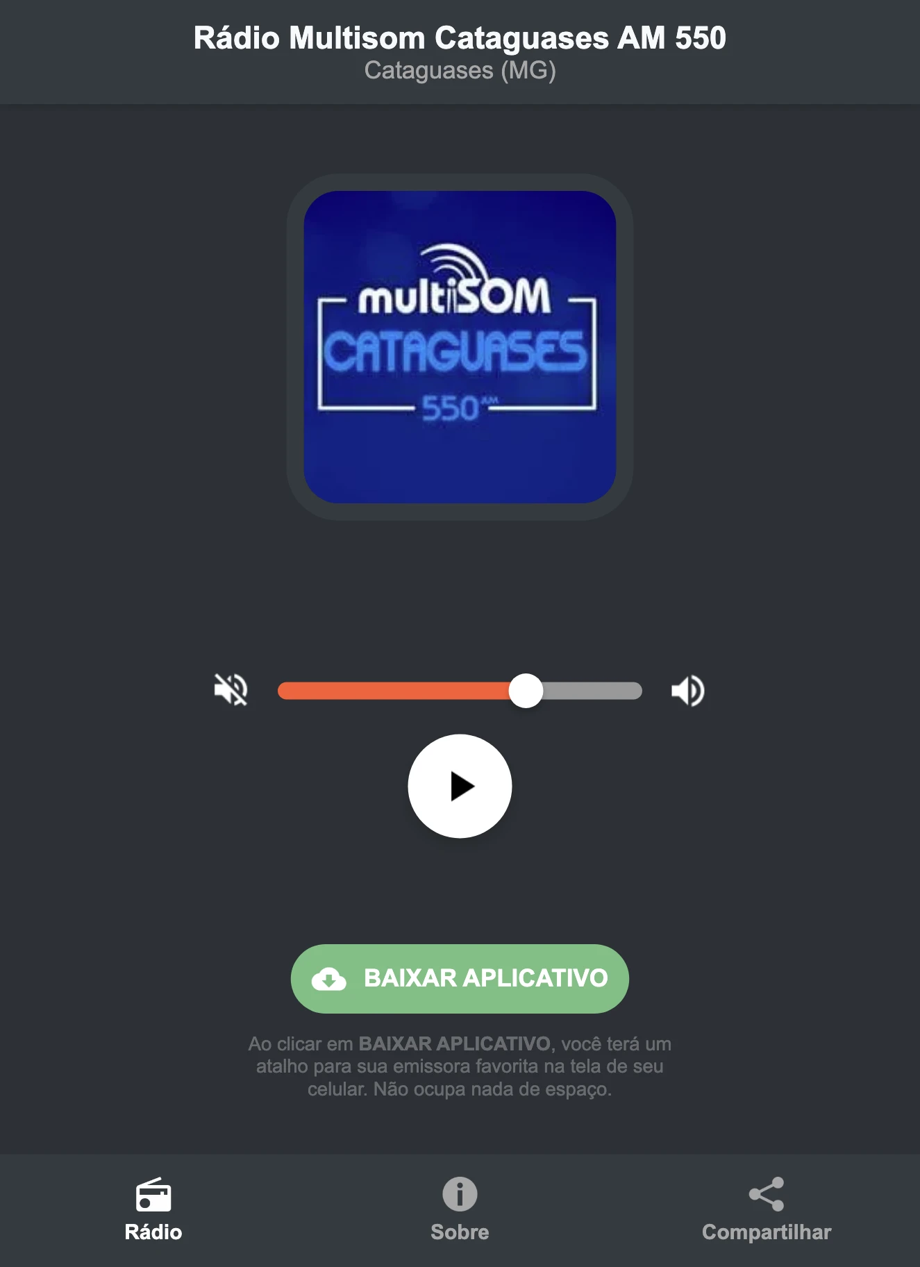 Screenshot do aplicativo da Rádio Multisom Cataguases AM 550