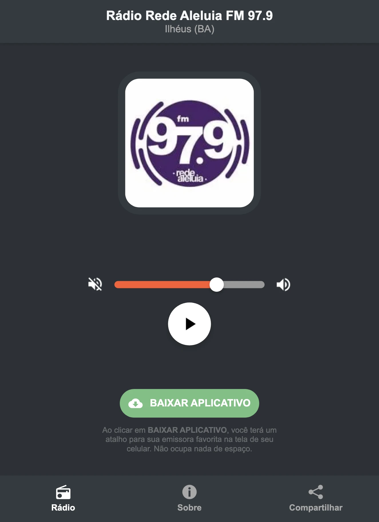 Screenshot do aplicativo da Rádio Rede Aleluia FM 97.9