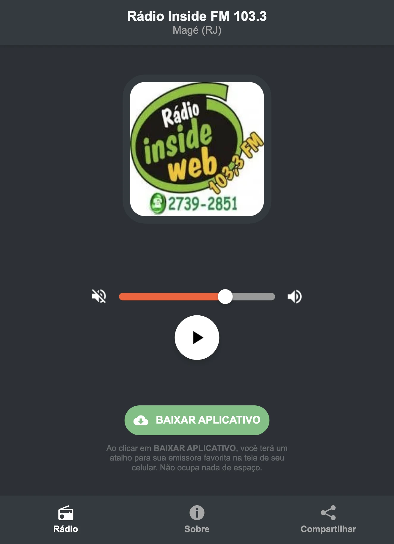 Screenshot do aplicativo da Rádio Inside FM 103.3