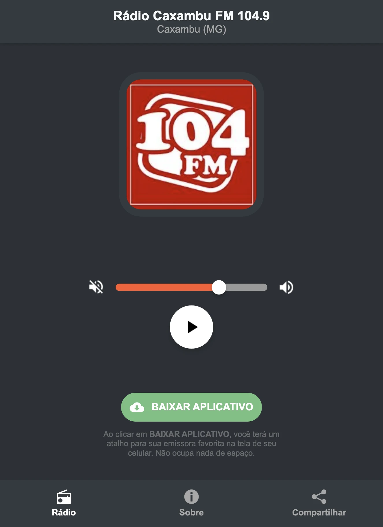 Screenshot do aplicativo da Rádio Caxambu FM 104.9