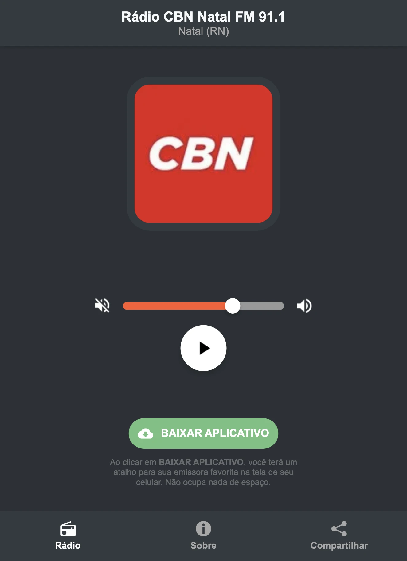 Screenshot do aplicativo da Rádio CBN Natal FM 91.1